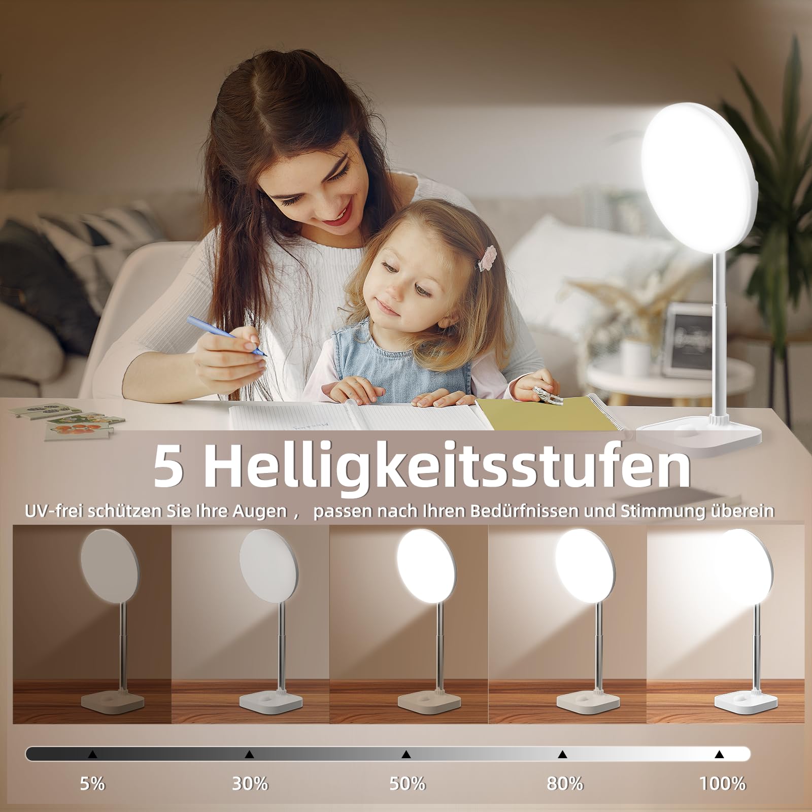 Lámpara de luminoterapia 15000 Lux, lámpara de luz diurna con 3 temperaturas de color, 5 intensidades de luz ajustables, con temporizador y control remoto, puertos USB-A, para el hogar y la oficina