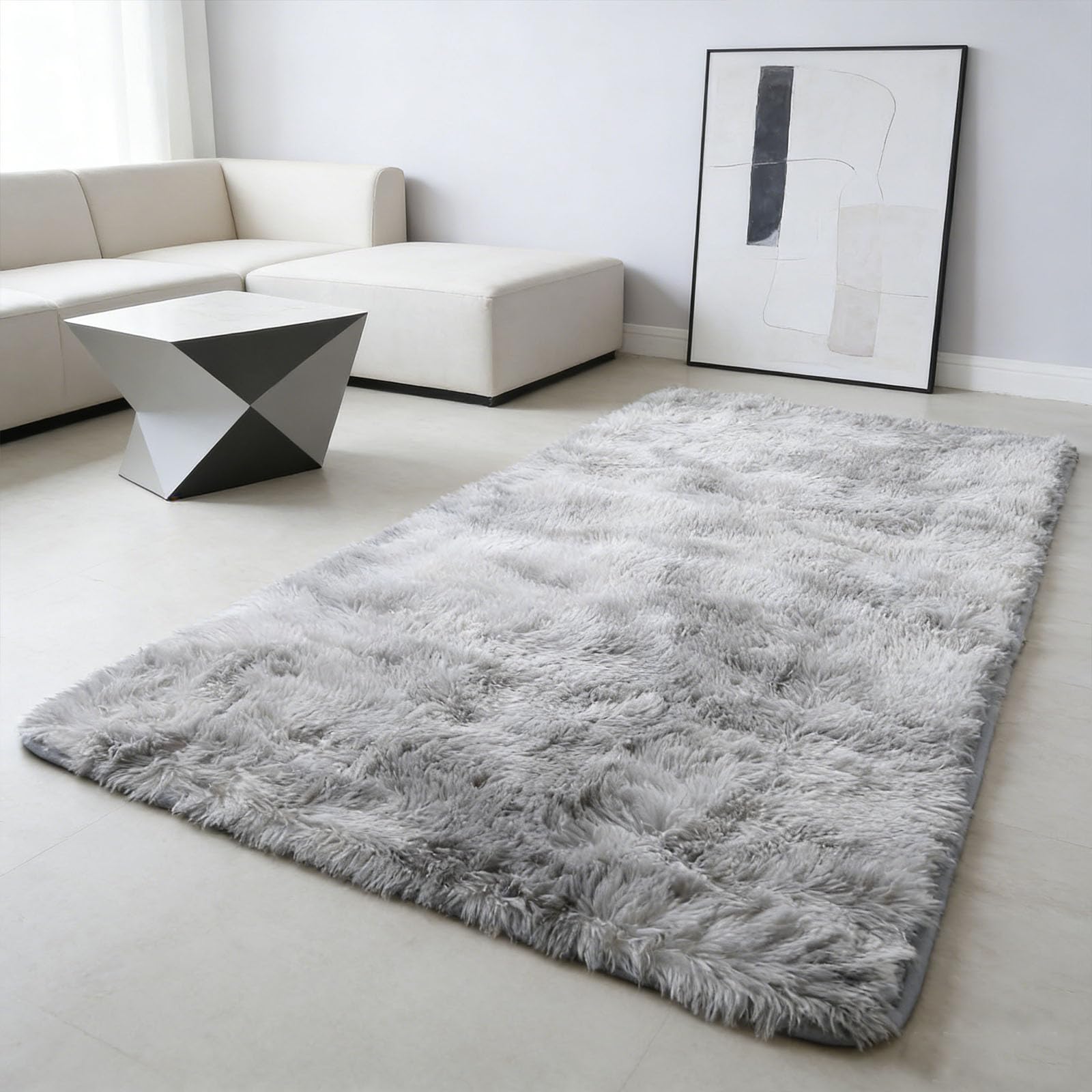 Tapis salon shaggy 250x300 cm gris clair et moelleux pour grand séjour moderne
