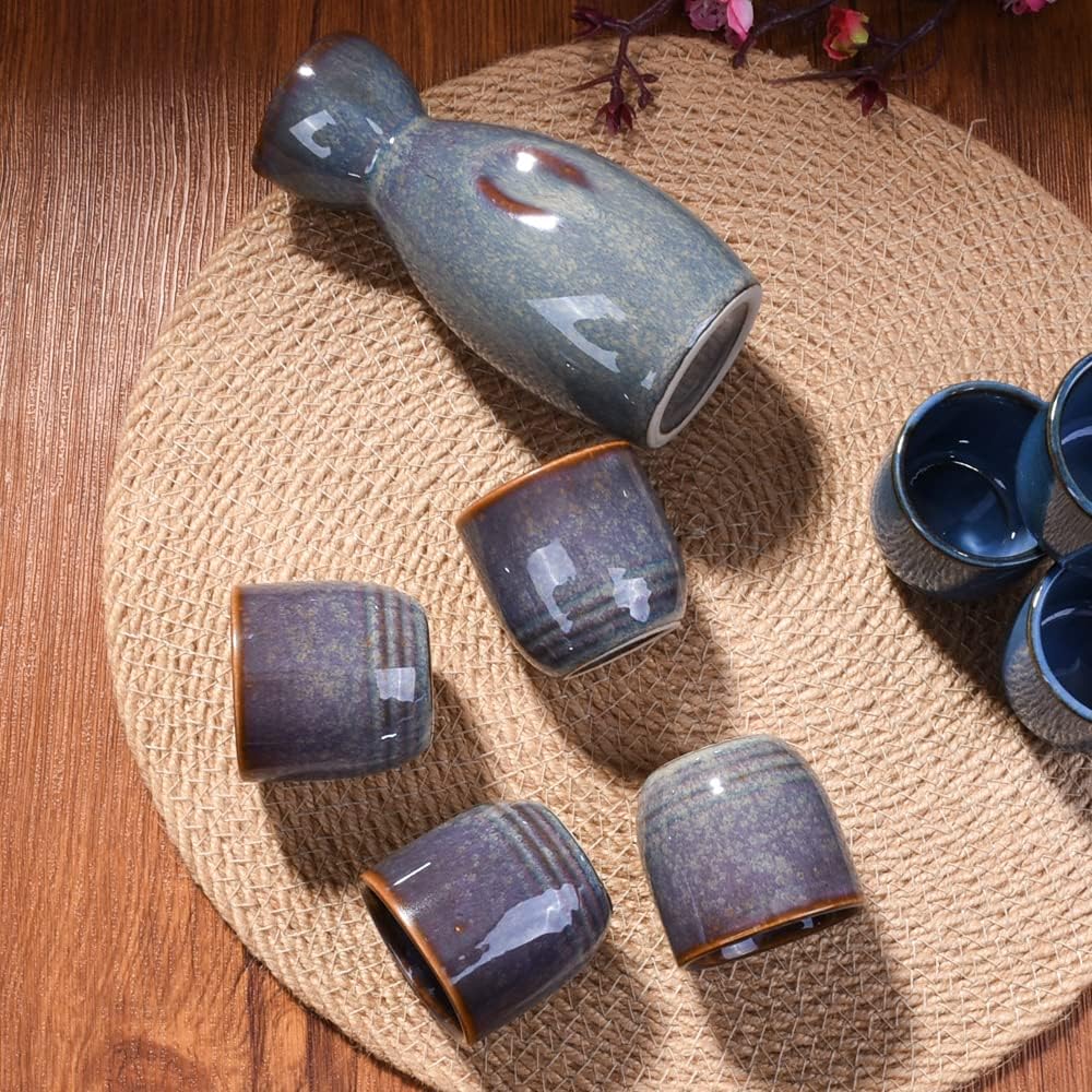 Japanese Ceramic Sake Set of 5, Traditional Pot and Cups Set