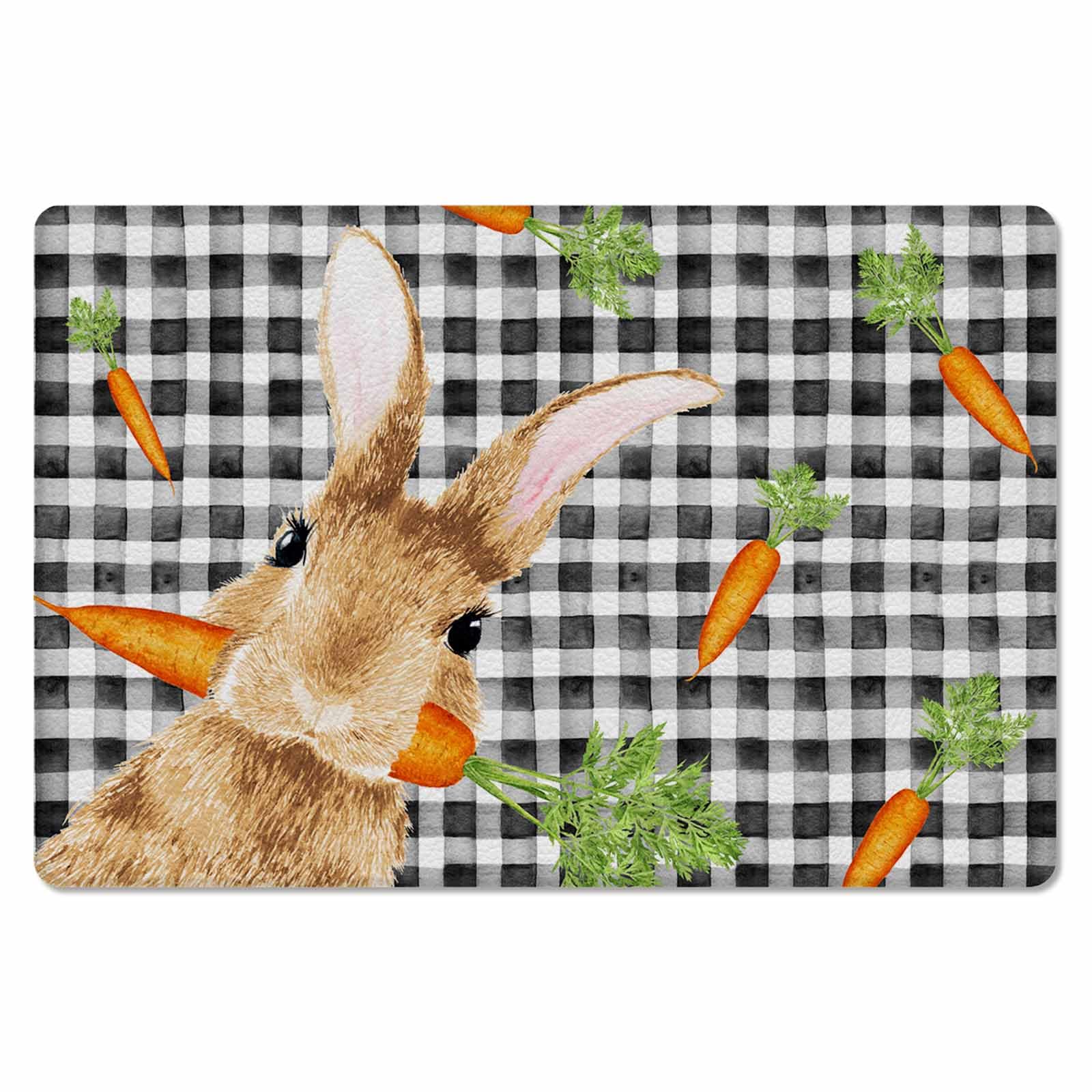 Easter Buffalo Bunny Kitchen Bath Door Mat Cushioned Runner Rug,Washable Welcome Floor Sink Antifatigue Mat,Waterproof & Non-Slip Comfort Standing Doormat,Carrots Black White Plaid Check 24