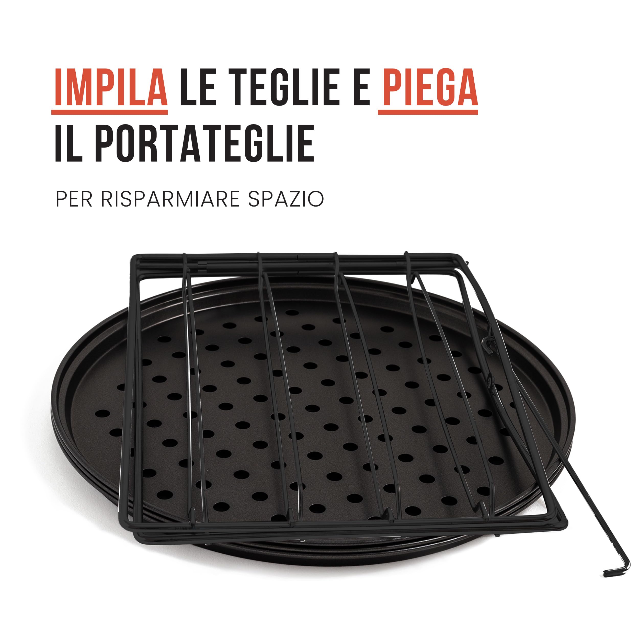 Chef Pomodoro Set di 3 Teglie per Pizza con Portateglie Incluso, Teglia per Pizza Rotonda, Antiaderente e Forata, Teglia Pizza da 28 cm per Forni Domestici, Resiste Fino a 450°C (Nero)