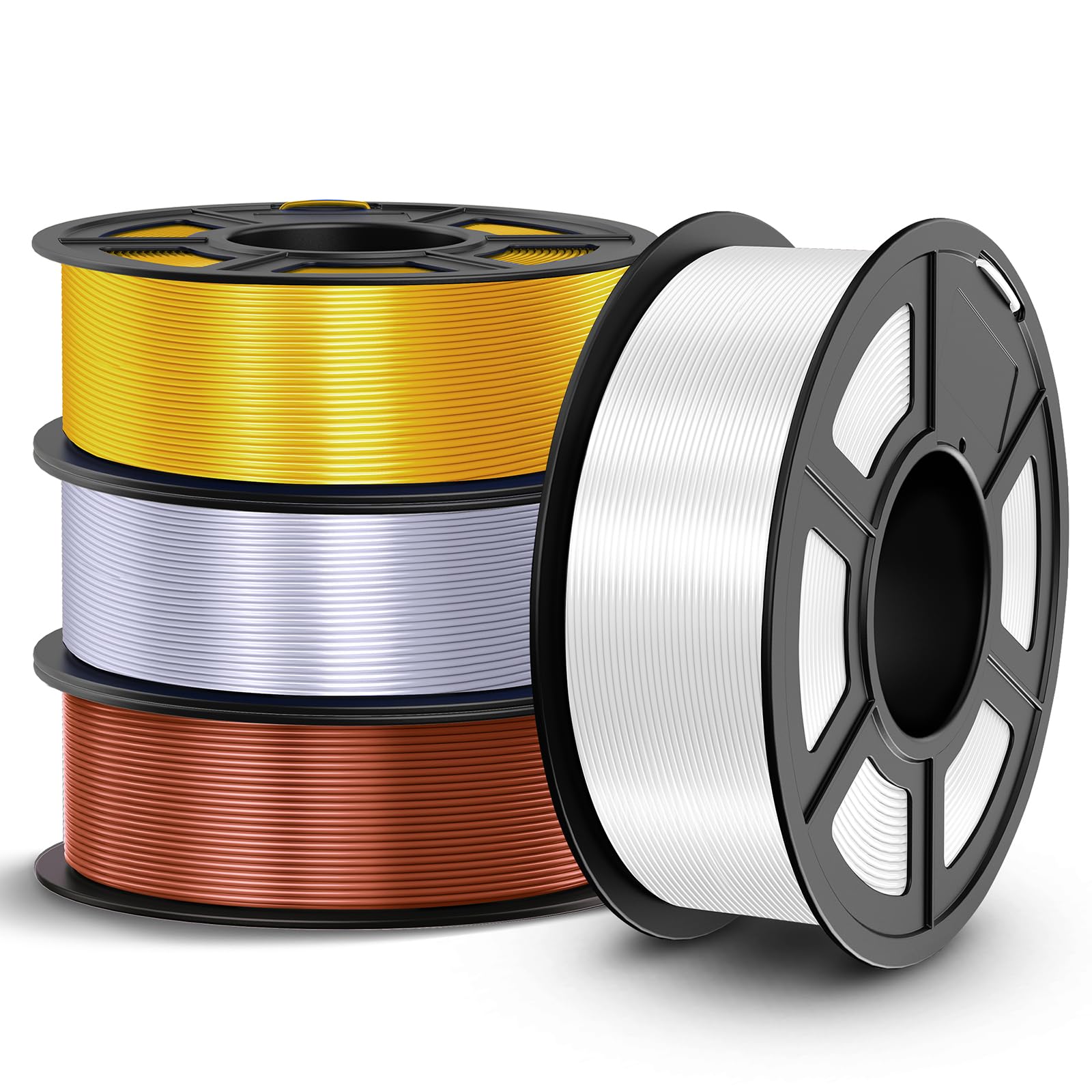 TECBEARS PLA Silk Filament 1.75mm 4kg (1kg/Spule), Shiny Silk PLA 3D Drucker Filament, mit Seidenglattes Finish, Gute Farbwiedergabe, Maßgenauigkeit +/- 0.02, 4 Spulen, Gold+Silber+Rotkupfer+Weiß