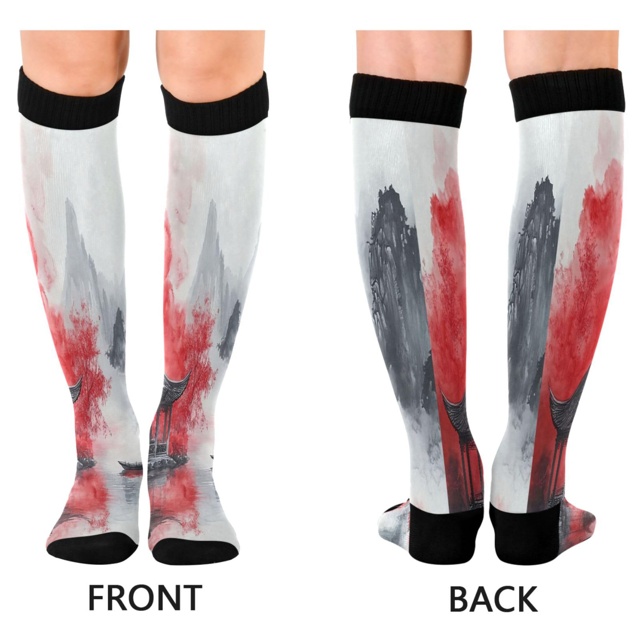 Burbuja Chinese Ink Painting Compression Socks for Women Men (20-30mmHg), Knee High Socks Circulation Support for Sport Running Hiking Nurse, 1 Pair