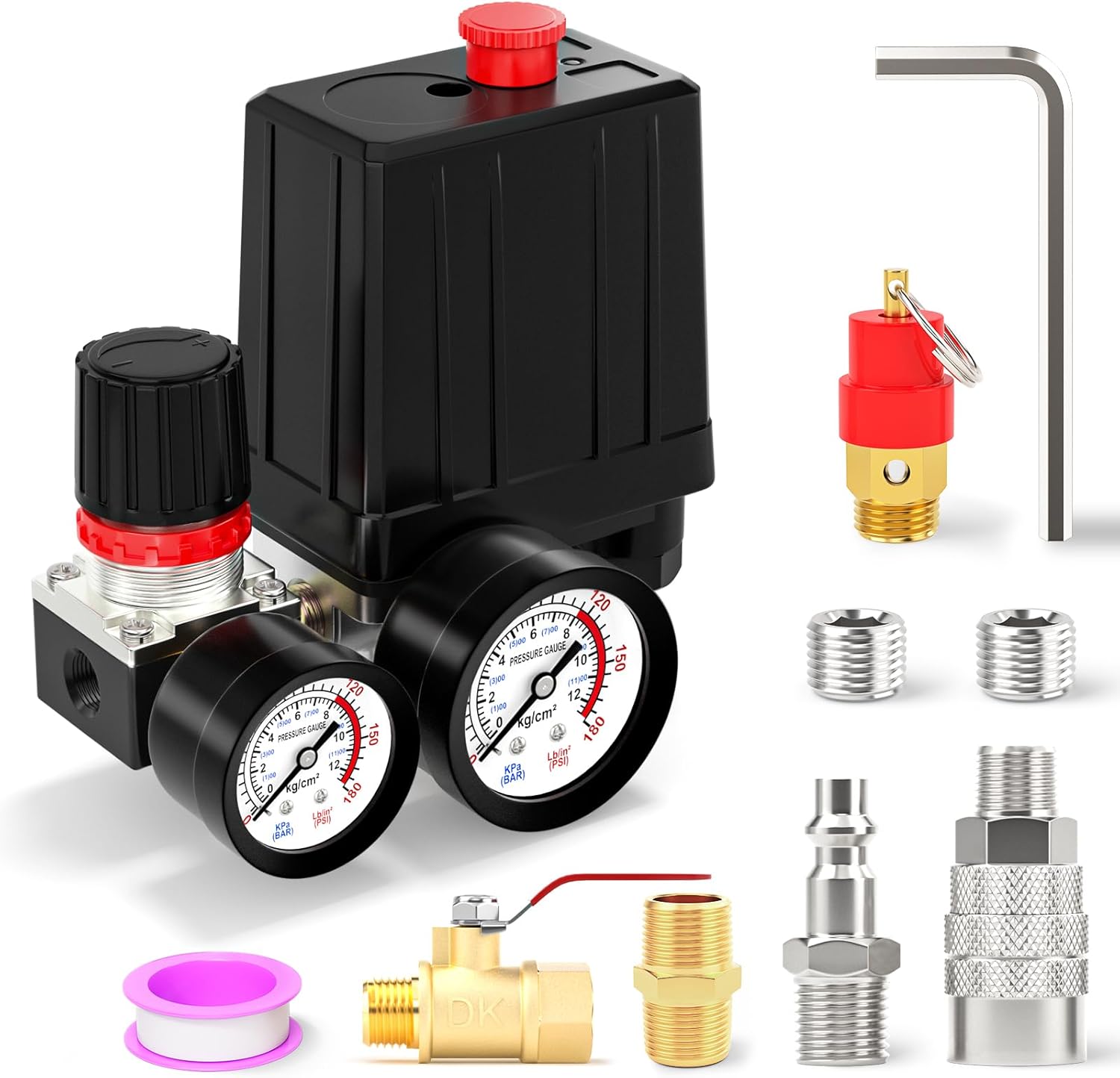4 Way Air Compressor Pressure Switch Control Valve Kit 90-120 PSI, 1/4" NPT Port, 110V-240V, 0-180 Pressure gauge with 4 Way Valve Air Pressure Regulator