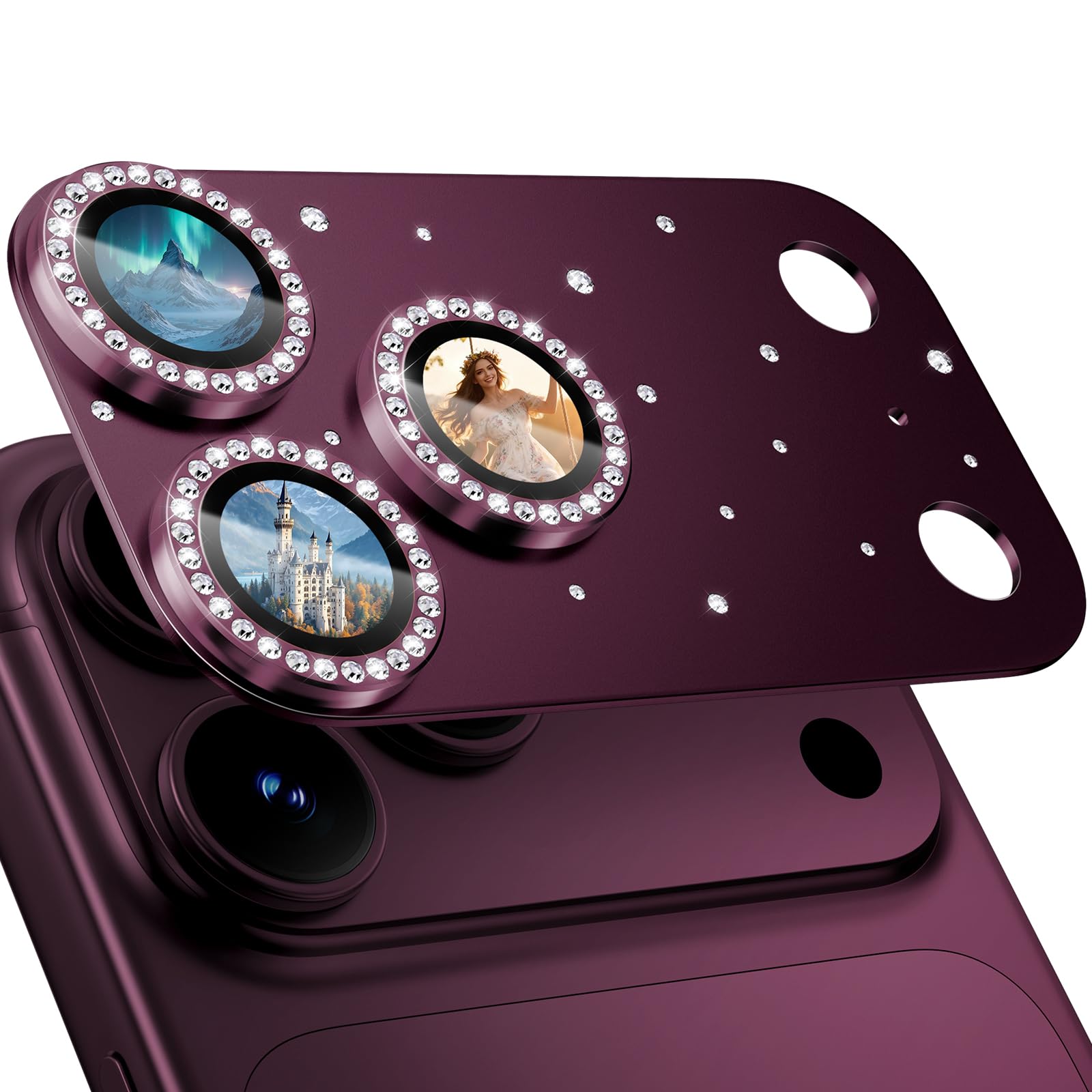HelloDeere Protection d'objectif d'appareil photo pour iPhone 17 Pro Max, pas facile à casser, ultra brillant, rond, diamant, en verre trempé, cadre en métal, coque d'appareil photo pour iPhone 17 Pro