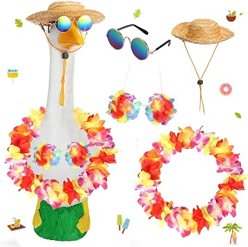Hawaiian Bikini Porch Goose Outfits with Straw Hat & Sunglasses | Summer Lawn Goose Costume for 17 to 23 Statue, Tropical Yard Garden Decor