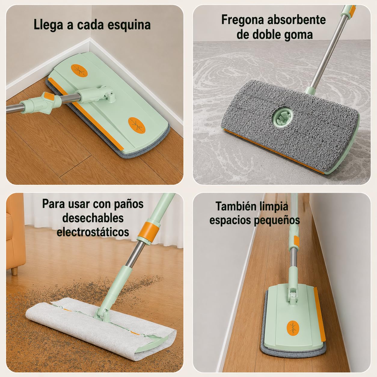 Mopa Plana Giratoria con Cubo de Doble Compartimento 3,8 L – Sistema de Agua Limpia y Sucia, Escurridor Integrado, 2 Mopas de Microfibra, para Parquet y Azulejos, Verde