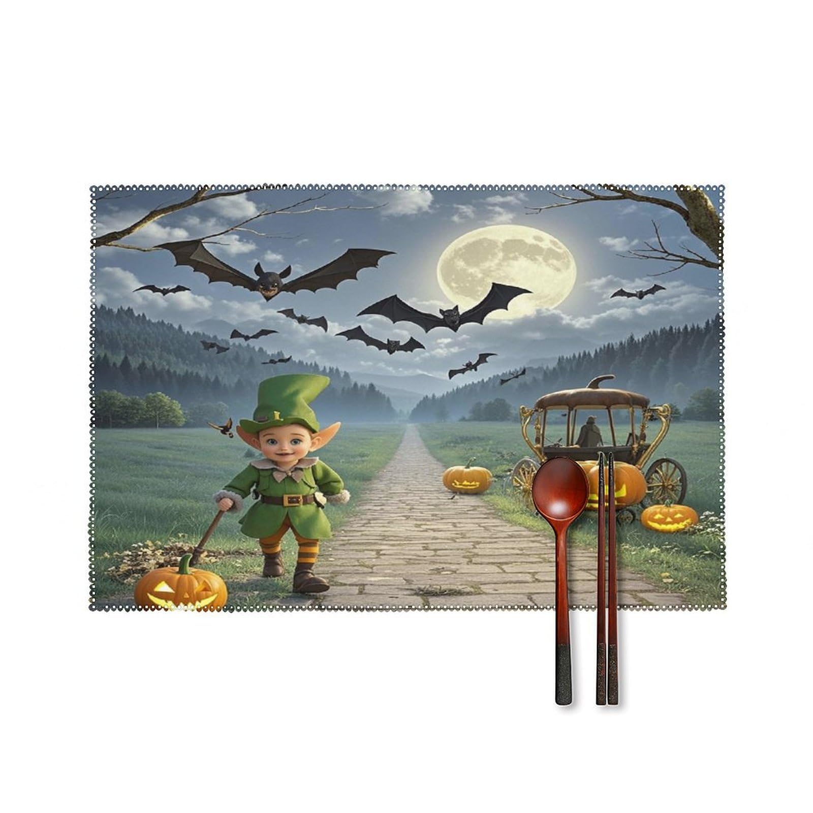 Moonlight Bat Night Placemats Set of 6 Washable Farmhouse Dining Table Mat Non Slip Heat Resistant Non-Slip Place Mats Easy Clean Table Protective Placemats for Indoors & Outdoors
