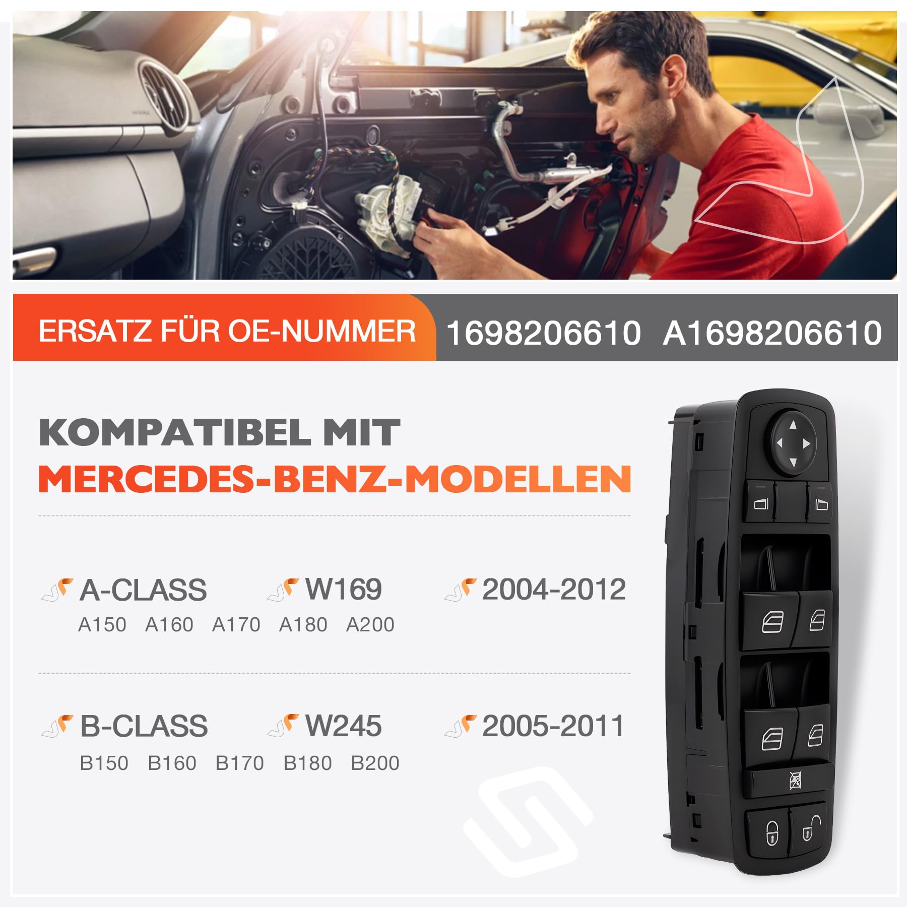 Fensterheber Schalter Vorne Links, Fensterheberschalter Schaltelement Fahrerseite Kompatibel mit 2004-2012 Mercedes Benz A-Klasse W169 B-Klasse W245 - Ersetzen#OE A1698206610