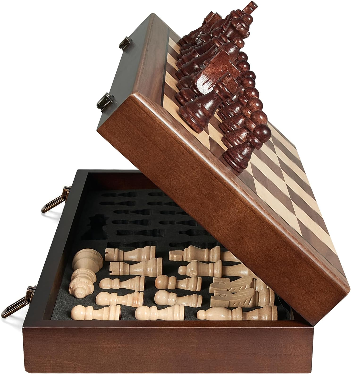 15'' Wooden Chess Set with Shut The Box Game, Magnetic Chess Board-2 Extra Queens-Pieces Storage Slots, Wooden Board Table Math Game, 2-in-1 Folding Board Game Set for Kids, Adults,Beginner