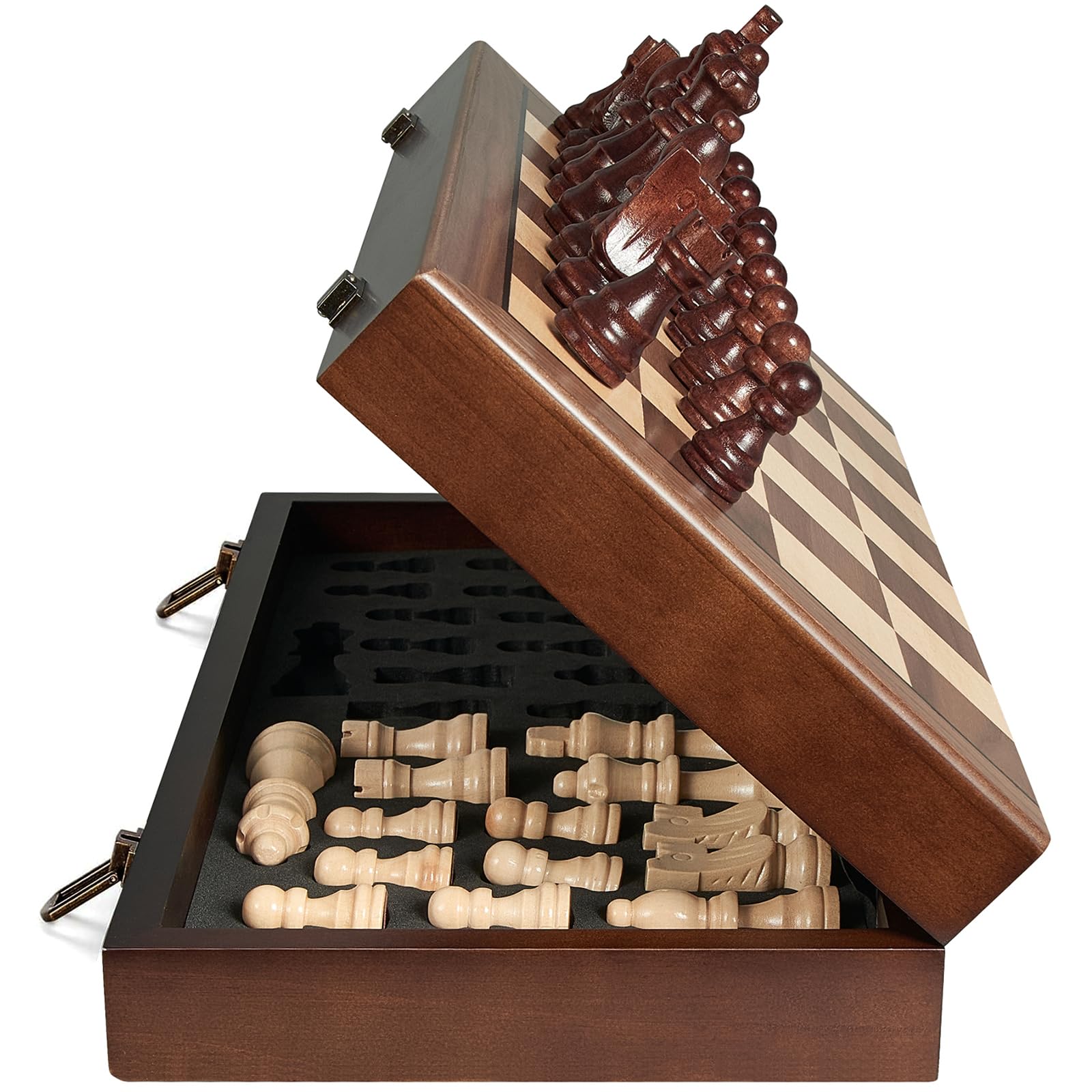 15'' Wooden Chess Set with Shut The Box Game, Magnetic Chess Board-2 Extra Queens-Pieces Storage Slots, Wooden Board Table Math Game, 2-in-1 Folding Board Game Set for Kids, Adults,Beginner