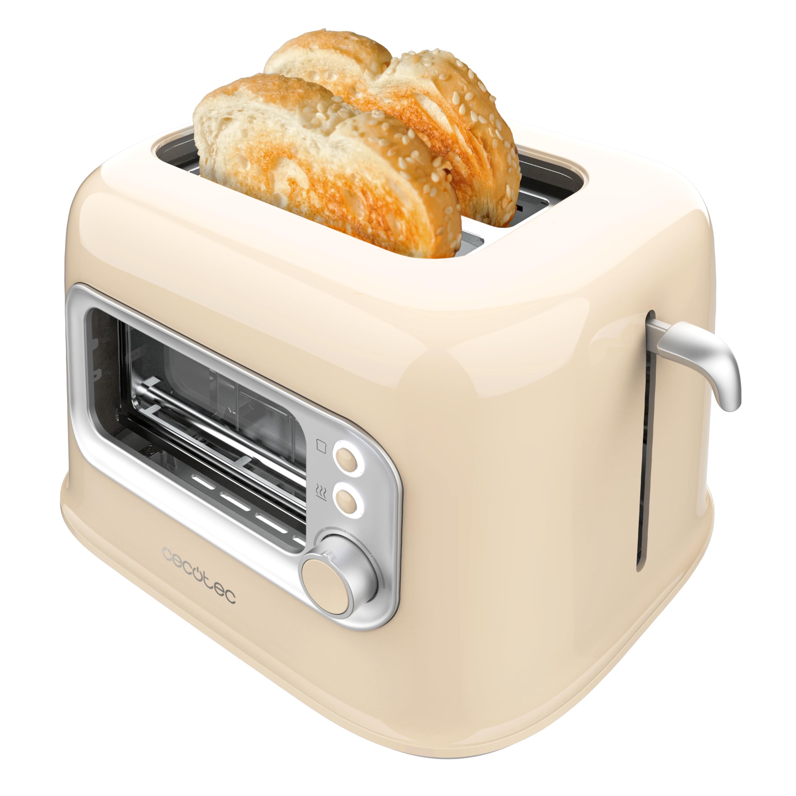 Cecotec Vertikaler Toaster RetroVision Beige, 700W Leistung, 2 Extra-breite Schlitze, Einzigartiges Anzeige-Design, Bräunungssteuerung, Retro-Design, Staubabdeckung