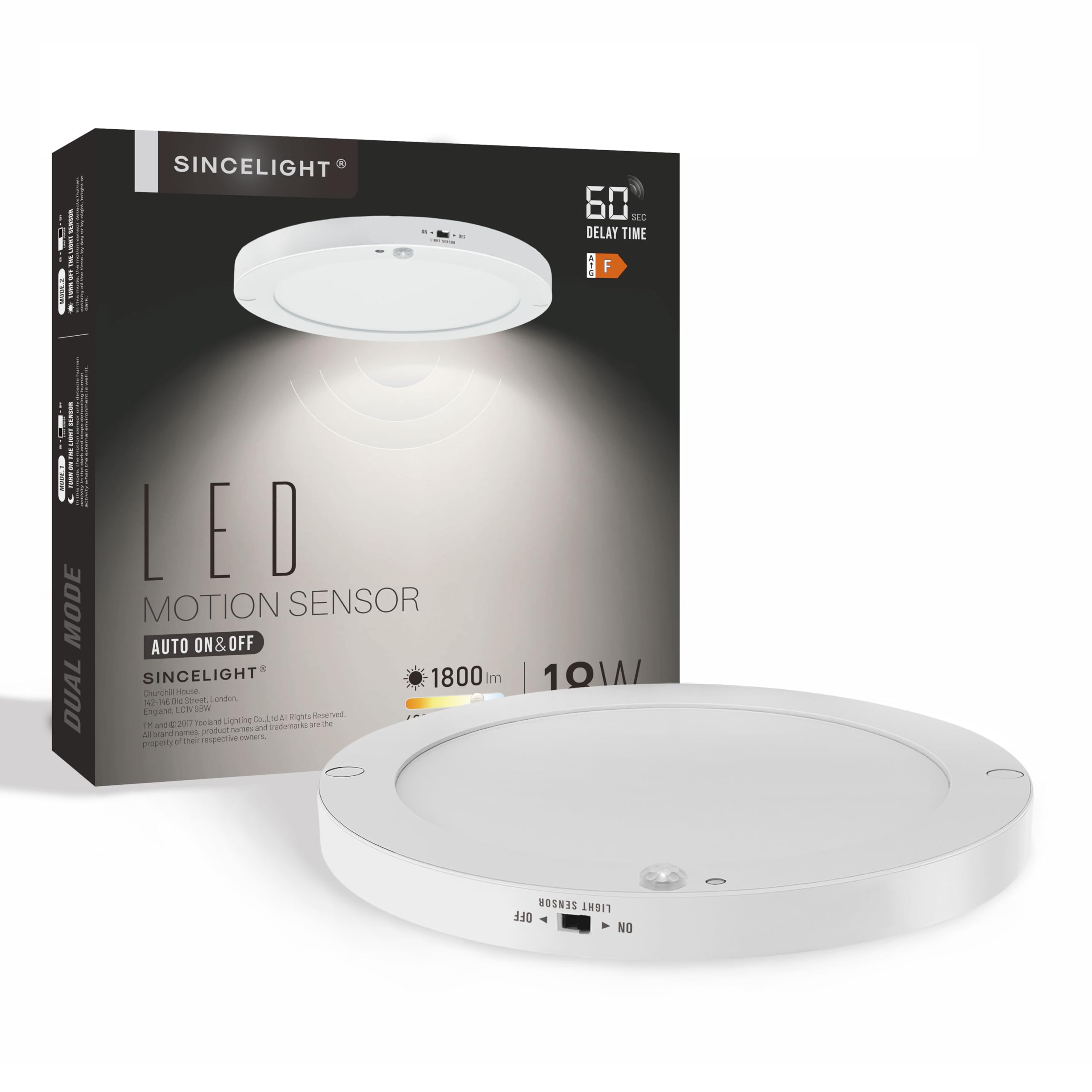 SINCELIGHT PIR LED Motion Sensor Ceiling Mounted Light Fixture, 18W Ultrathin Panel Shape, ON/Off Automatic, Dual Sensor Mode Switchable