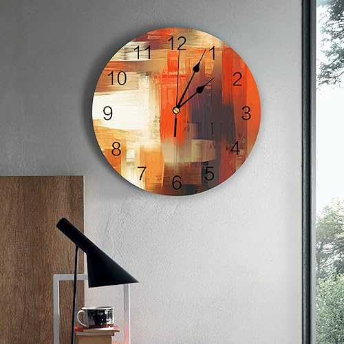 Miniatura 3 de LUSWEET Reloj de pared de PVC silencioso de 14 pulgadas, reloj de pared de 14 pulgadas, color naranja, marrón, gris, geometría Vinatge, reloj