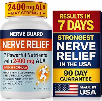 Nerve Relief Neuropathy Sciatica Support Supplement with 2400 mg Alpha Lipoic Acid to Reduce Nerve Discomfort in Feet Hands Toes & Feet 2400mg ALA, B Vitamins, Magnesium, Turmeric 60 Capsules