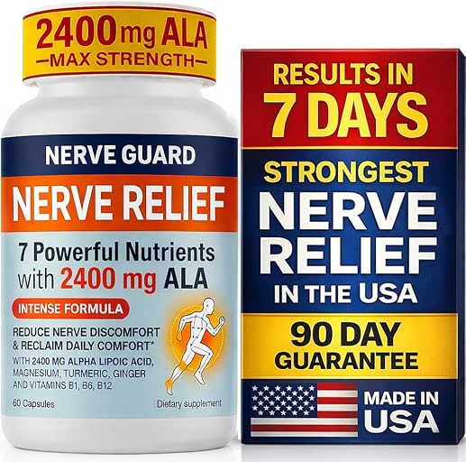 Nerve Relief Neuropathy Sciatica Support Supplement with 2400 mg Alpha Lipoic Acid to Reduce Nerve Discomfort in Feet Hands Toes & Feet – 2400mg ALA, B Vitamins, Magnesium, Turmeric – 60 Capsules