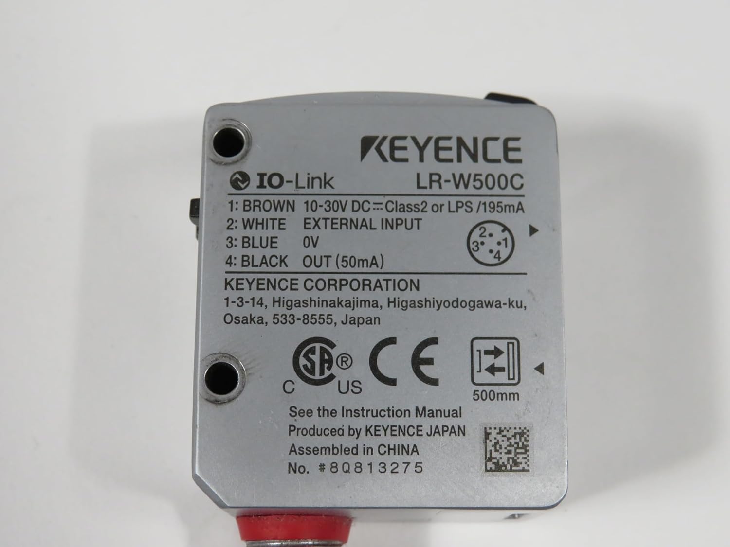 Keyence LR-W500C Sensor back view with wiring diagram and specifications