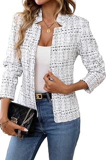 ELLEVEN Women's Tweed Open Front Blazer Jacket - Long Sleeve Notch Collar Fully Lined Slim Fit Work Casual Coat