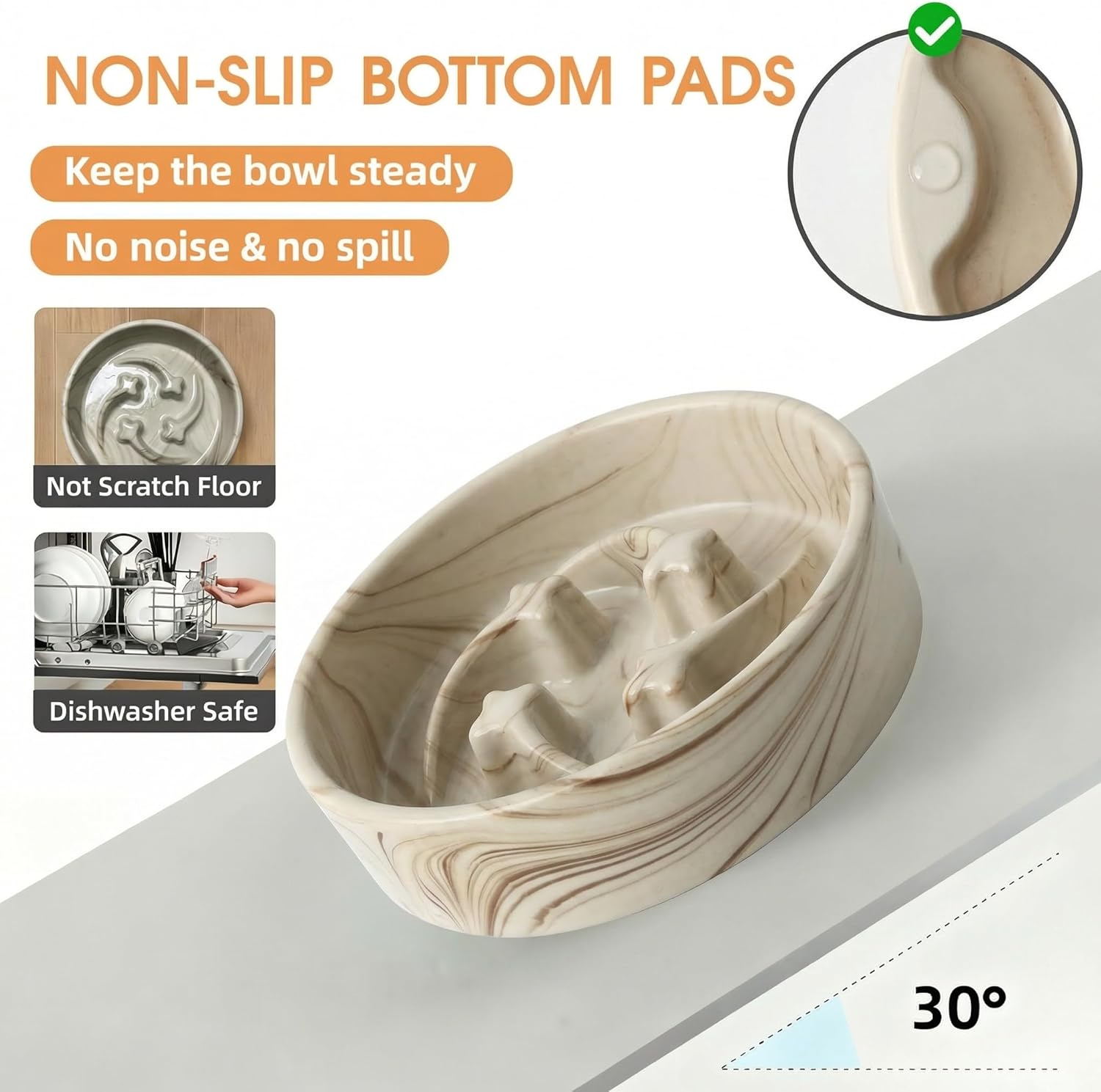 Stoneware Slow Feeder Dog Bowls Small Breed, 0.6 Cups Slow Eating Dog Bowl with Marble Pattern Design, Weighted Anti Gulping Food Bowl, Non Slip Puzzle Maze Pet Dishes for Fast Eaters, 6 inch