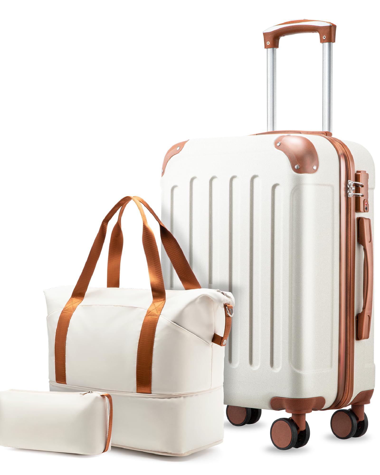 YOETEY Carry On Luggage Sets 3 Piece, Lightweight Durable Hardside Suitcase for Travelling with Spinner Wheels & TSA Lock, White Brown image 1