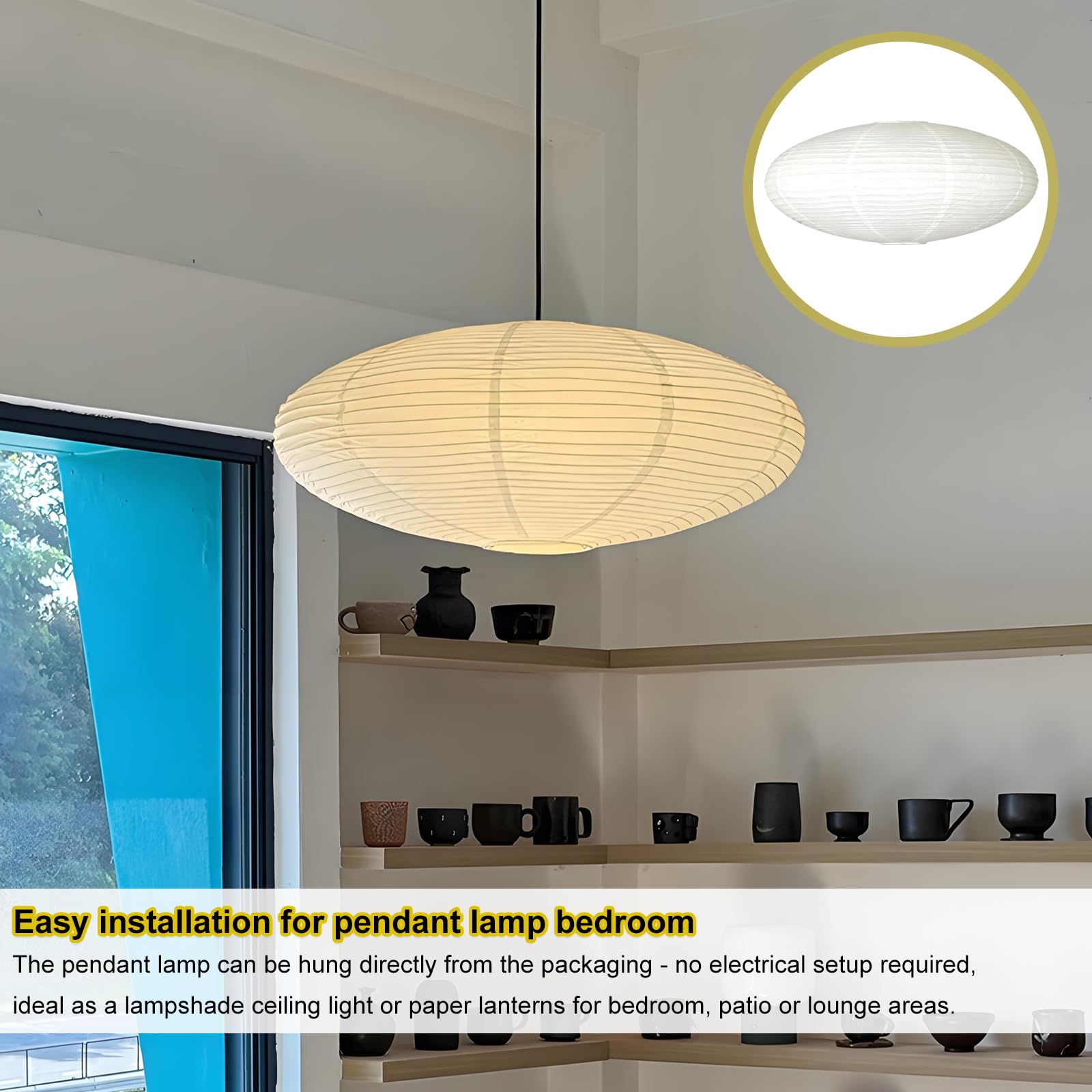 Papier Lampenschirm Oval Weiß 45 cm, Faltbarer Hängelampenschirm aus Reispapier, Weicht das Licht für warmes Ambiente, Geeignet für Wohnzimmer Schlafzimmer Esszimmer