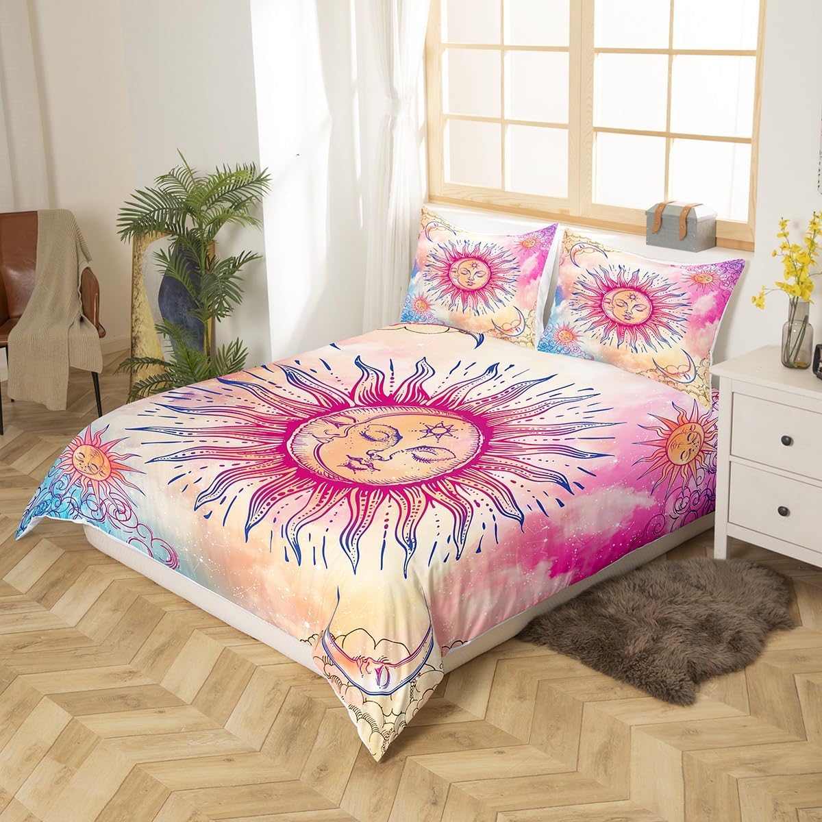 Sun and Moon Duvet Cover Twin Stars Galaxy Constellation Bedding Set Pink Pastel Tie Dye Comforter Cover For Kids Girls Women,Cute Aesthetics Clouds Celestial Plants Bedspread Cover 1 Pillow Case