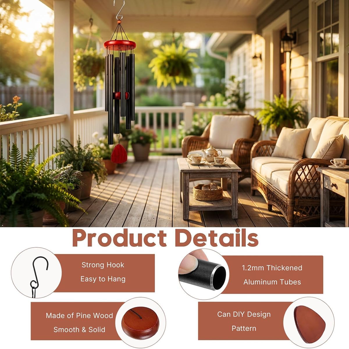 Aluminum Wind Chimes for Outdoor Garden and Yard with Soothing Deep Tones, Creates a Peaceful Ambiance with Sophisticated Wind Catcher, Ideal Calming Gift for Families (Black, 37 Inches)