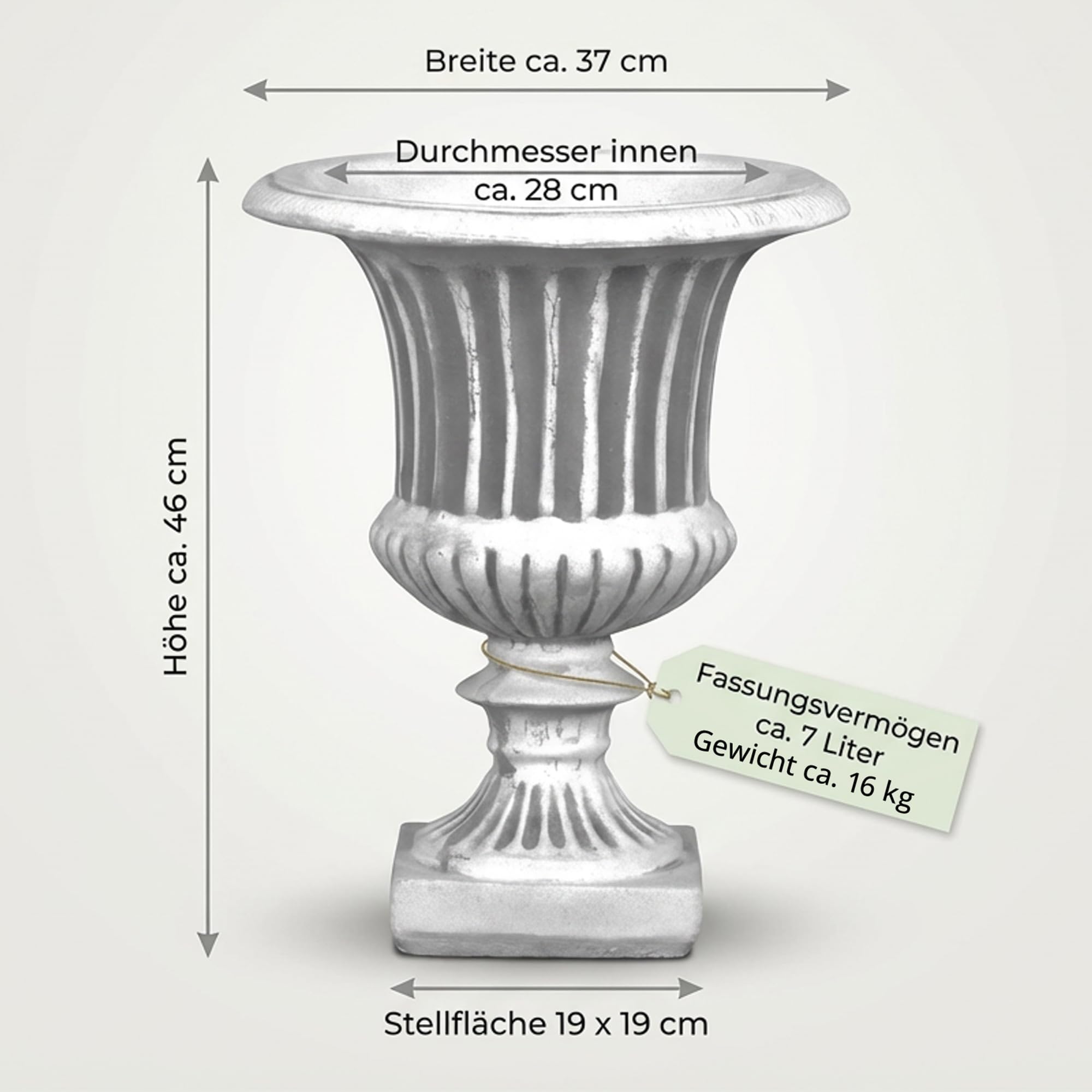 gartendekoparadies.de Blumenkübel aus Steinguss, 46 cm hohes Pflanzgefäß im antiken Look, 7 l, 16 kg, Grau, frostsicher für Außenbereich
