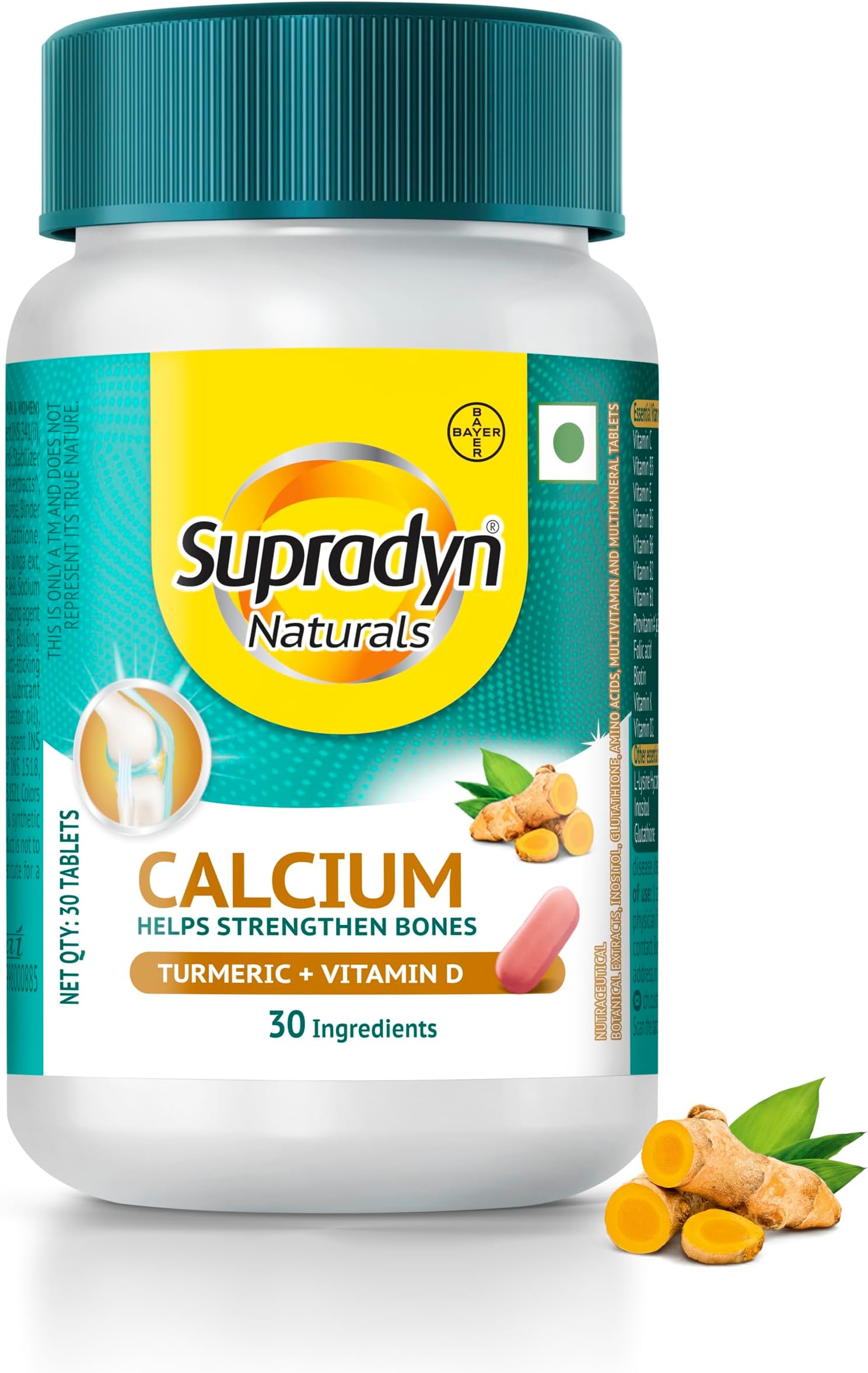 Supradyn Naturals Calcium With Vitamin D 400IU (Veg), Magnesium Supplement, Zinc & Turmeric | For Bone health and Joint support, 30 Tablets for Men and Women