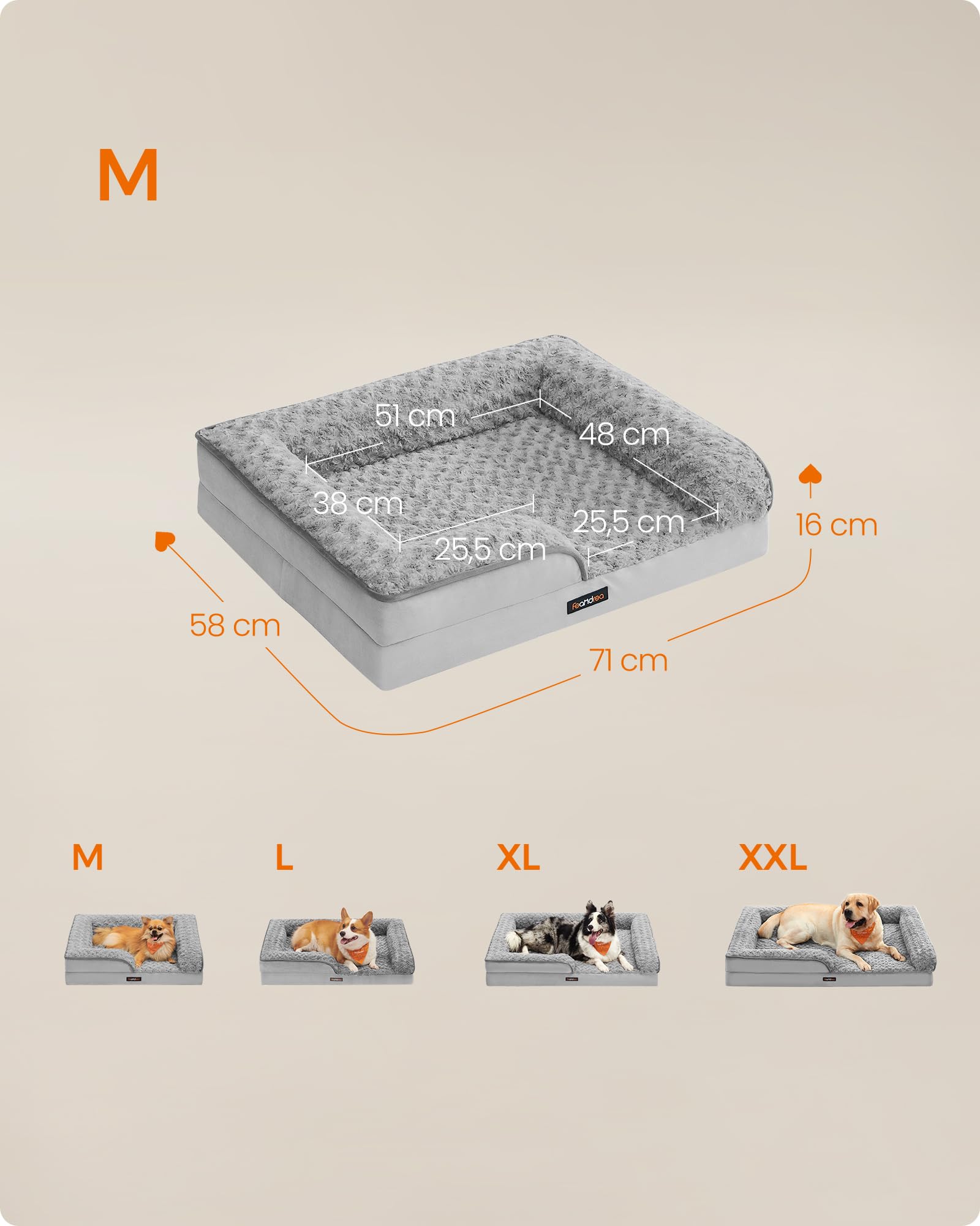 Feandrea Cuccia Cane Interno, Cuccia per Cani, Lettino per Animali, Ortopedico con Gommapiuma Ondulata, Bordi Rialzati, Copertura di Peluche Sfoderabile, 71 x 58 x 16 cm, Grigio Tortora PGW251G01