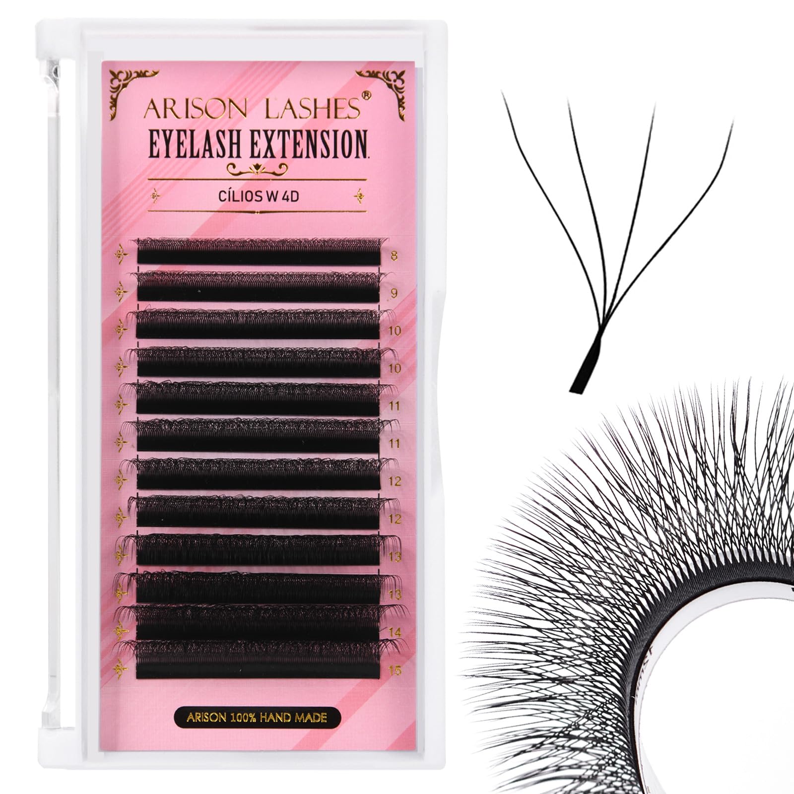 Arison Lashes 4D W Shape Eyelash Extension Natural Soft Volume Premade Fans Faux Mink Matte Black Cluster 12 rows(4DW-0.07-C-8-15mix)