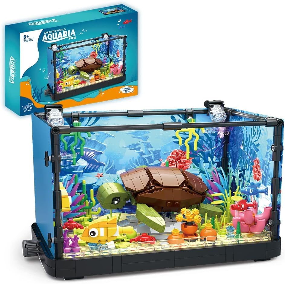 XTECH Fish Tank Building Block Set, Turtle Ecological Tank, Aquarium Marine Life Building Block Toy Kits with Light for Kids 6+, Gift for Sea Lovers (Turtle)