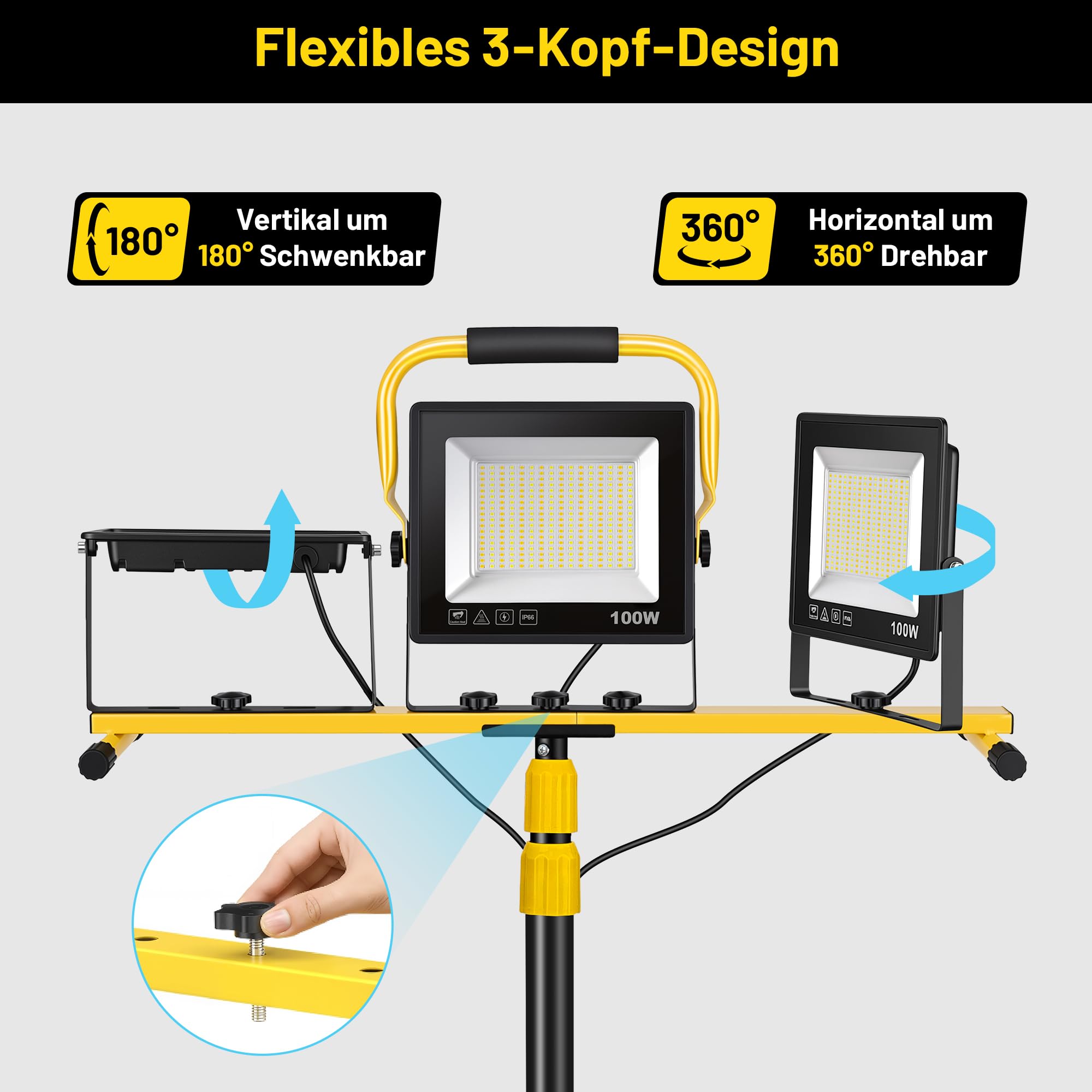 YEARTOP Baustrahler LED mit Rollstativ, IP66 Baustrahler mit 5 m Netzkabel | Höhenverstellbar 98-155 cm, 300W Baustellenlampe Dreifarbig (3000K/5000K/6500K) für Baustelle/Renovierung/Detailing/Werkstatt