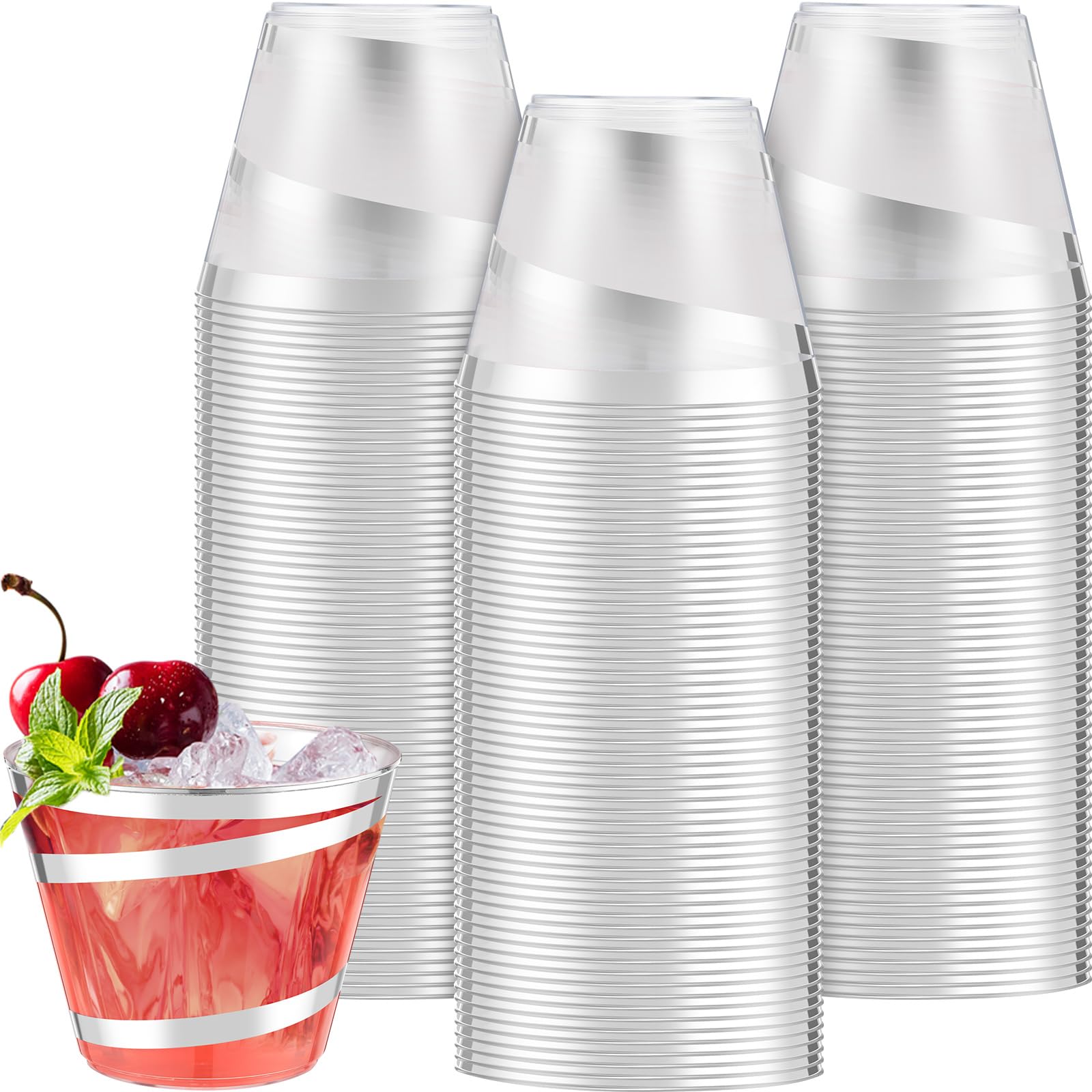 Gejoy 100 Pcs 9 oz Rimmed Swirl Plastic Cups Disposable Wine Cups Hard Plastic Drinking Cups Clear Cups Elegant Wedding Tumblers for Mother's Day Gathering Holiday Party Supplies(Silver)