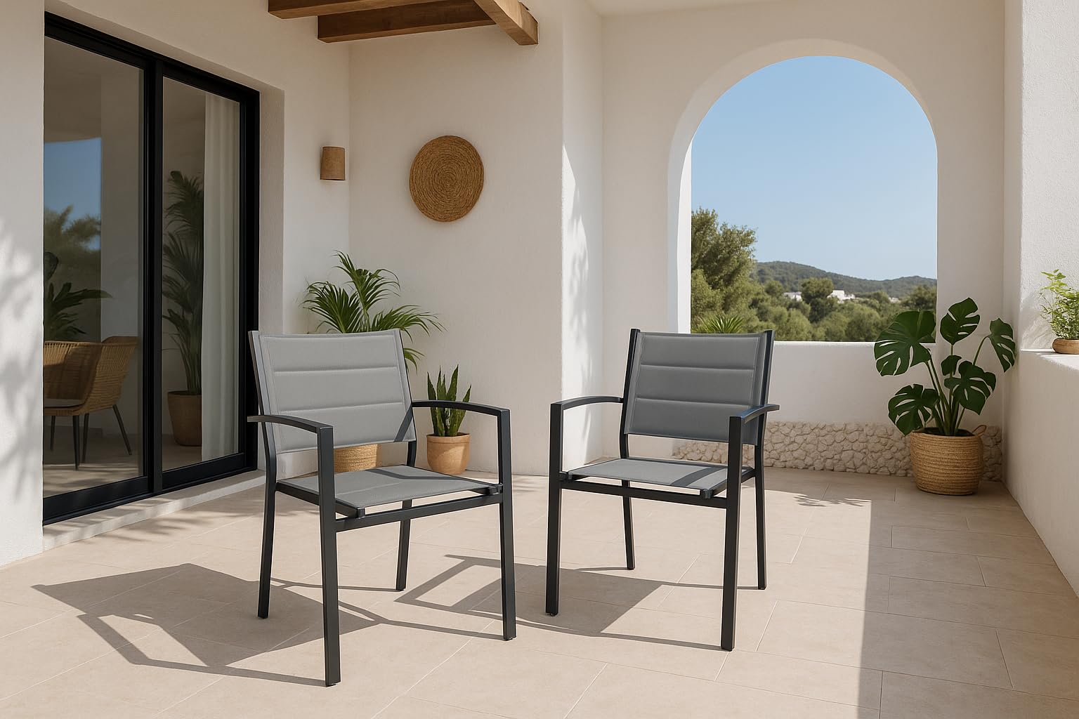 MOMMA HOME Pack 4 Sillas Terraza Exterior - Jardin Asiento y Respaldo Acolchadas con Reposabrazos, Material Textiline y Aluminio, Color Gris, Medidas 87,5 x 56,5 x 57,5 cm