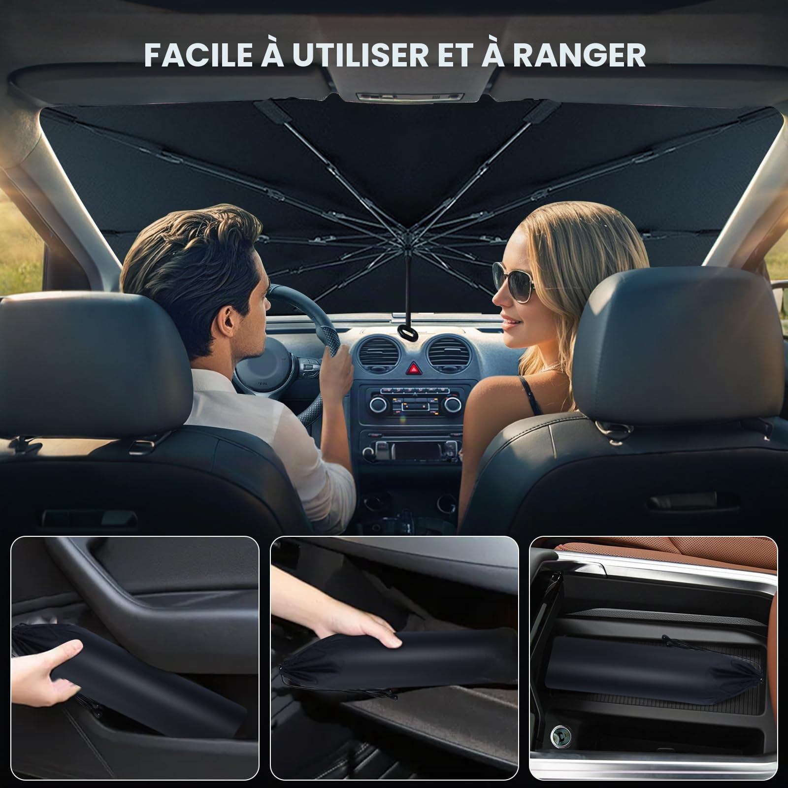 Pare-Soleil pour Pare-Brise de Voiture Pliant Pare-soleils pour Pare-Brise Avant Auto avec Coins en Cuir Anti-Rayures 145x 85 cm Protection Solaire idéale pour SUV et Tous Types de véhicules