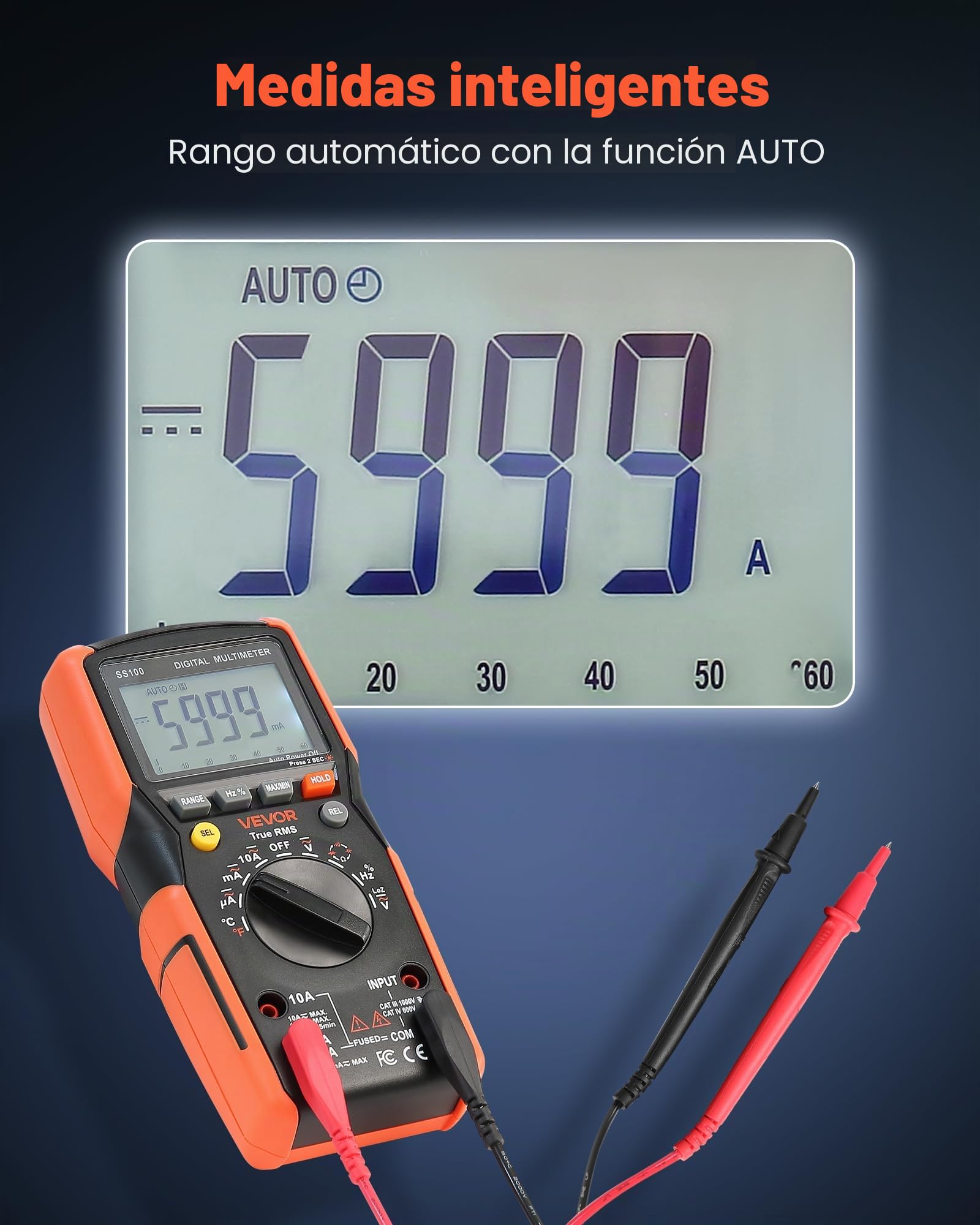 VEVOR Multímetro Digital TRMS, 6000 Cuentas, Voltímetro, Prueba de Voltaje CA/CC, Corriente, Resistencia, Capacitancia, Frecuencia, Temperatura, Continuidad, Baja Impedancia y Ciclo de Trabajo