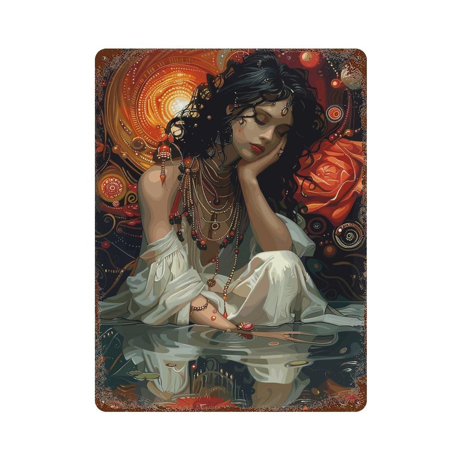 Dreamy Woman with Rose Reflection Decorative Tin Sign 15.7"x11.8", Ideal for Basement, Hobby Room And Garage Decor