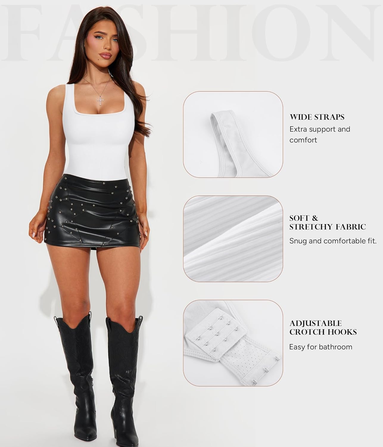 Shapewear Bodysuits for Women : Thong Shapewear Tummy Control Body Shaper Square Neck Body Suits Tank Top - Image 5