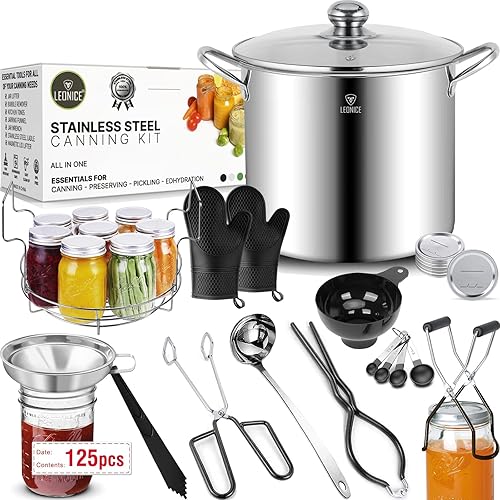 Canning Supplies Starter Kit - Olla de enlatado de baño de agua con estante, kit de enlatado de acero inoxidable Herramientas del juego 2 embudos,