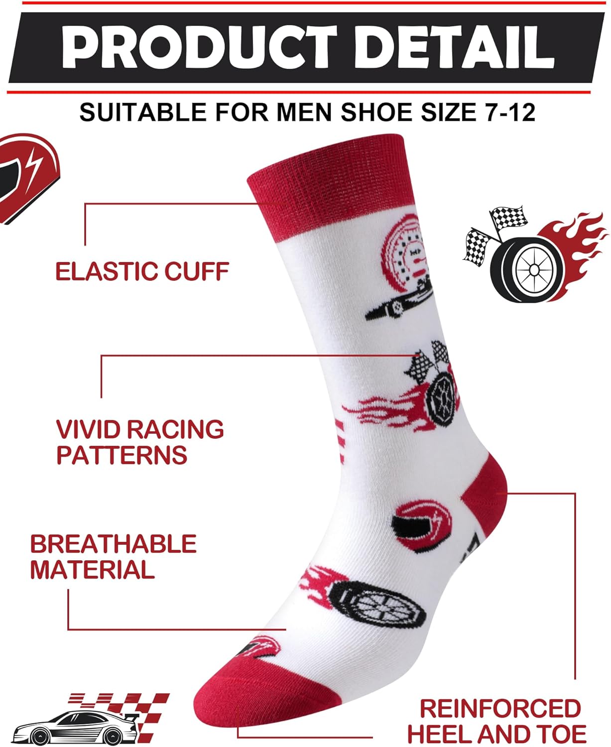 6 Pairs Funny Race Car Socks for Men Novelty Cotton Crew Socks Dirt Track Racing Gifts for Pine Derby Car Racing Fans Birthday Favor Stuffers - Image 5