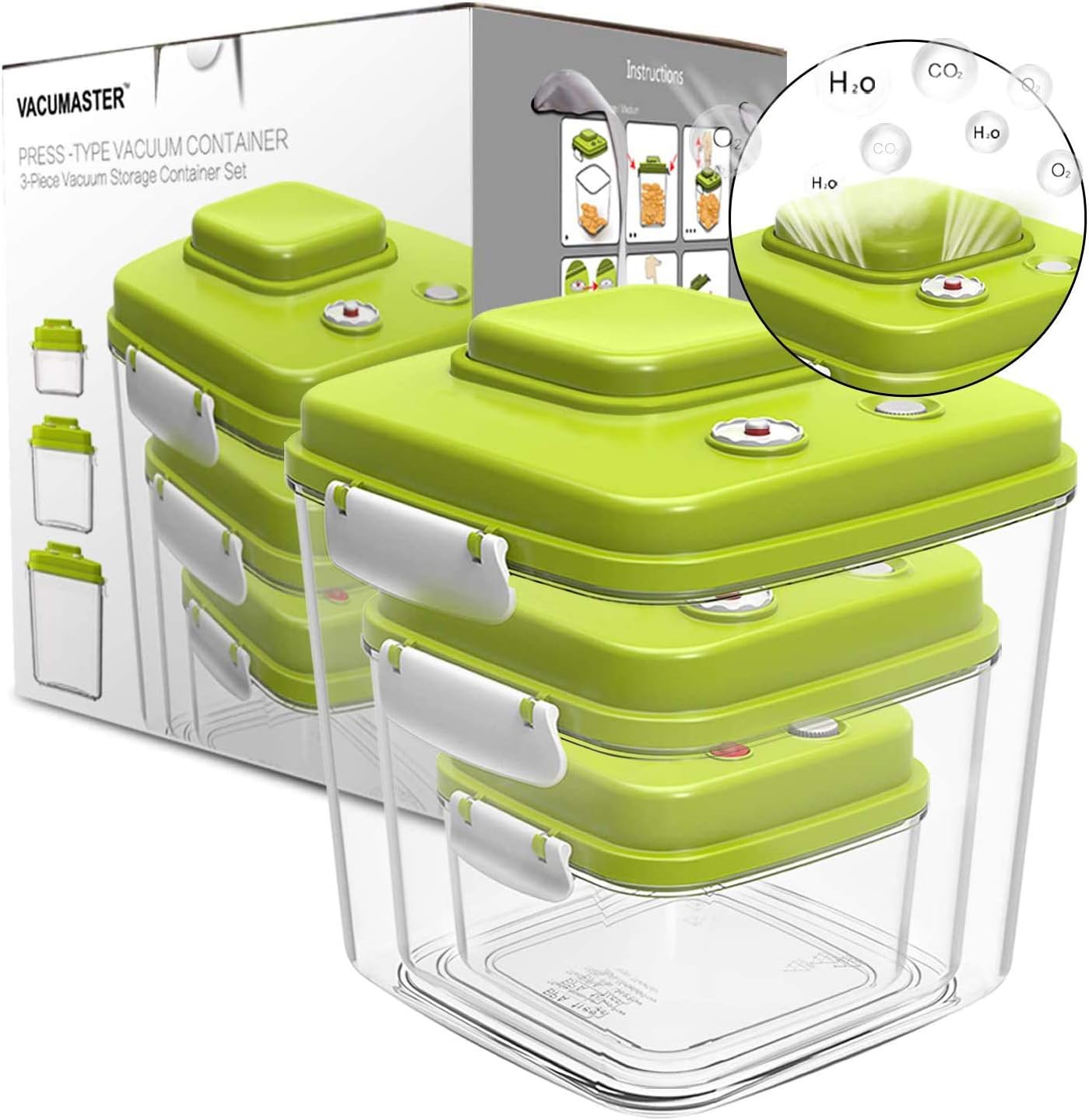 Food Storage Container Set with Vacuum Sealed Airtight Lid - Vacumaster Quick Marinator Leak Proof BPA-Free Storage Containers Great for Baby Food Pumpable Press Type Fresh Keeper (Set of 3)