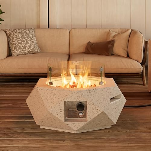 COSIEST Mesa para fogata de propano para exteriores con base hexagonal de piedra sintética blanca terrazo de 24 pulgadas, quemador de acero