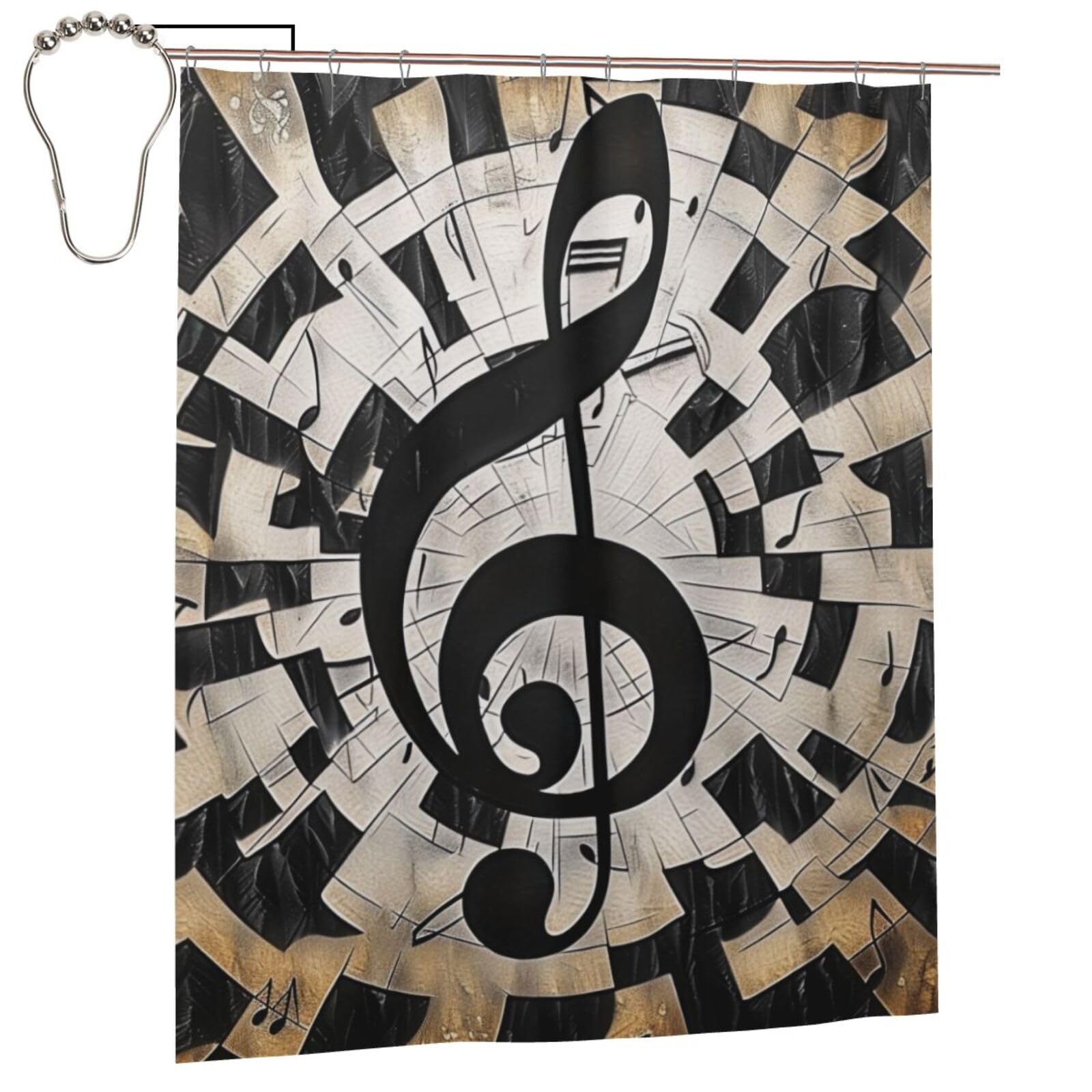BWWHCCTI Musical Theme Music Clefs Printed Shower Curtain With 12 Iron Hooks Opaque Quick Drying Waterproof Shower Curtains Sets For Bathroom 152x183 Cm