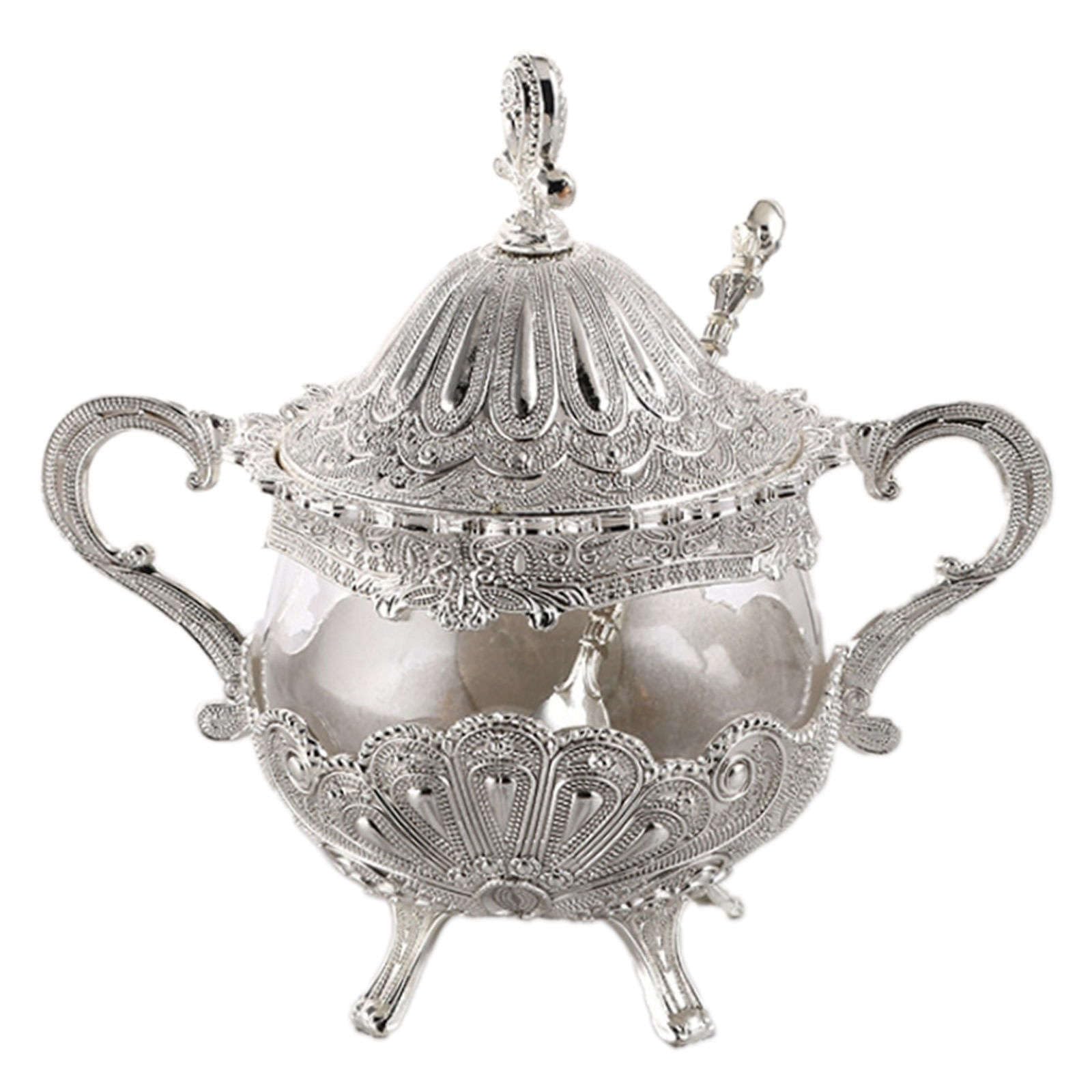 MaikOn Sucrier en céramique, Sucrier avec Couvercle et cuillère, Pot à épices en Verre en Relief en métal, Porte-Bonbons, Bol décoratif en métal-doré-céramique (Color : Silver, Size : Glass)