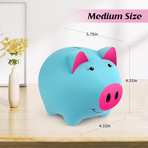Miniatura 4 de Laebuild Alcancía para niños, alcancía de plástico azul para niñas, con forma de cerdo, hucha irrompible para niños pequeños, bancos para niños para