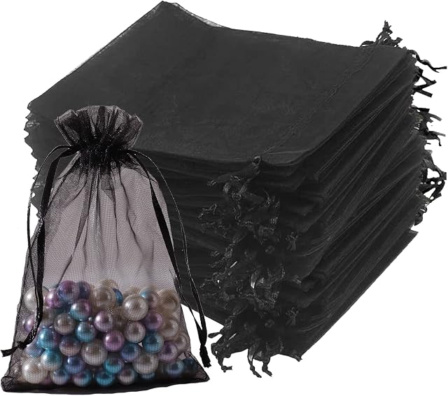 dogmoon Premium Sheer Organza Bags, 50Pcs 15x20cm Black Organza Gift Bags, Wedding Favour Bags with Drawstring, Medium Mesh Jewelry Pouches for Wedding Party Festival Game(Black)