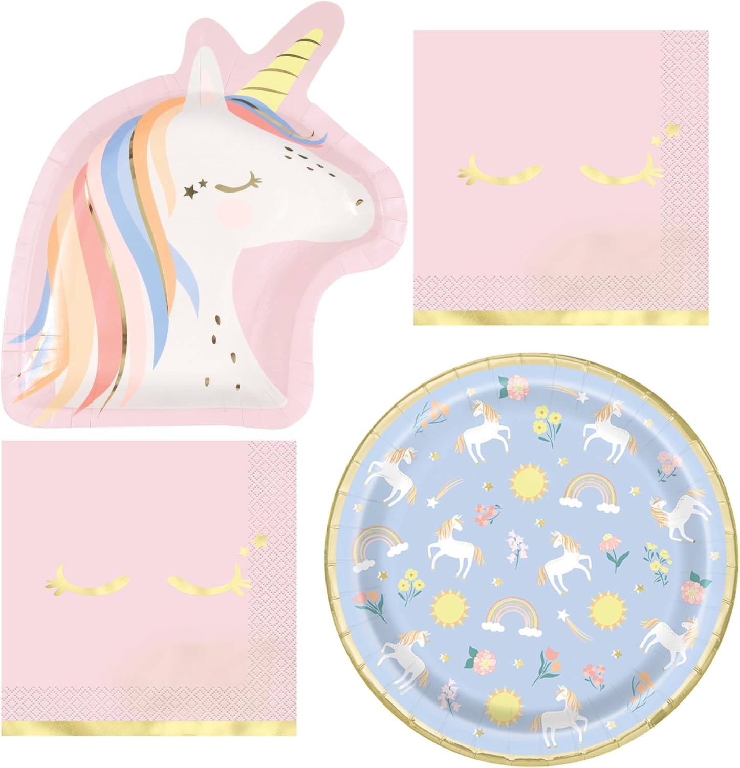 Dainty Unicorn Birthday Party Supplies – 8 Unicorn Shaped Plates, 8 Round Dinner Plates & 16 Napkins (Serves 16) – Whimsical Pastel Tableware Variety Pack for Girls