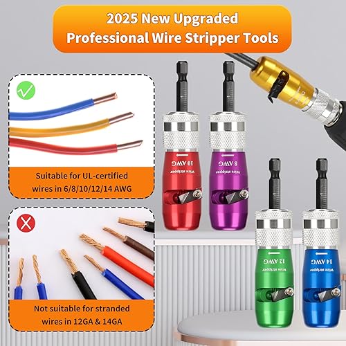 Miniatura 7 de Pelacables para taladro, 68101214 AWG herramienta de torsión de alambre para taladro, kit de pelado de cables y herramienta de conector de torsión