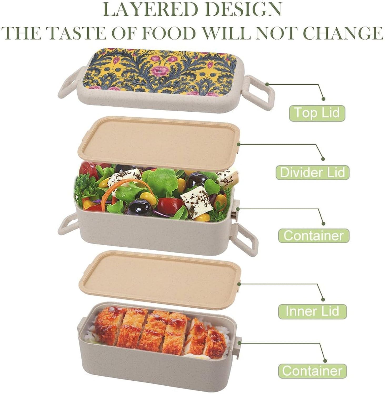 Lunch Box Bento Premium Yellow And Gray Pattern Printed Bento Box Bento with Spoon And Fork with Compartment Containers Suitable for Men And Women, style